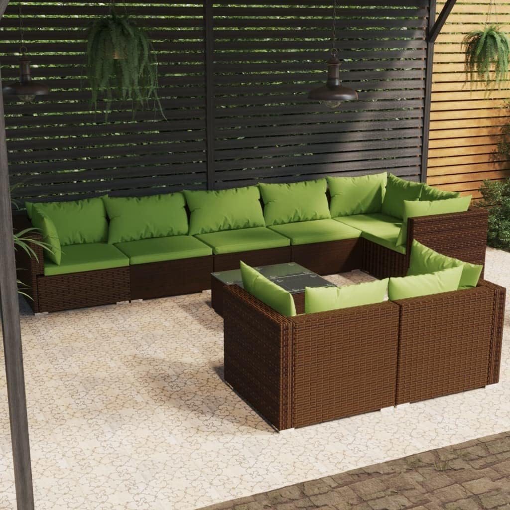 9-Piece Outdoor Lounge Set, Brown Poly Rattan Patio Furniture with Green Cushions, Modular Sectional Sofa for Garden, Balcony, Backyard, Seats 9 People