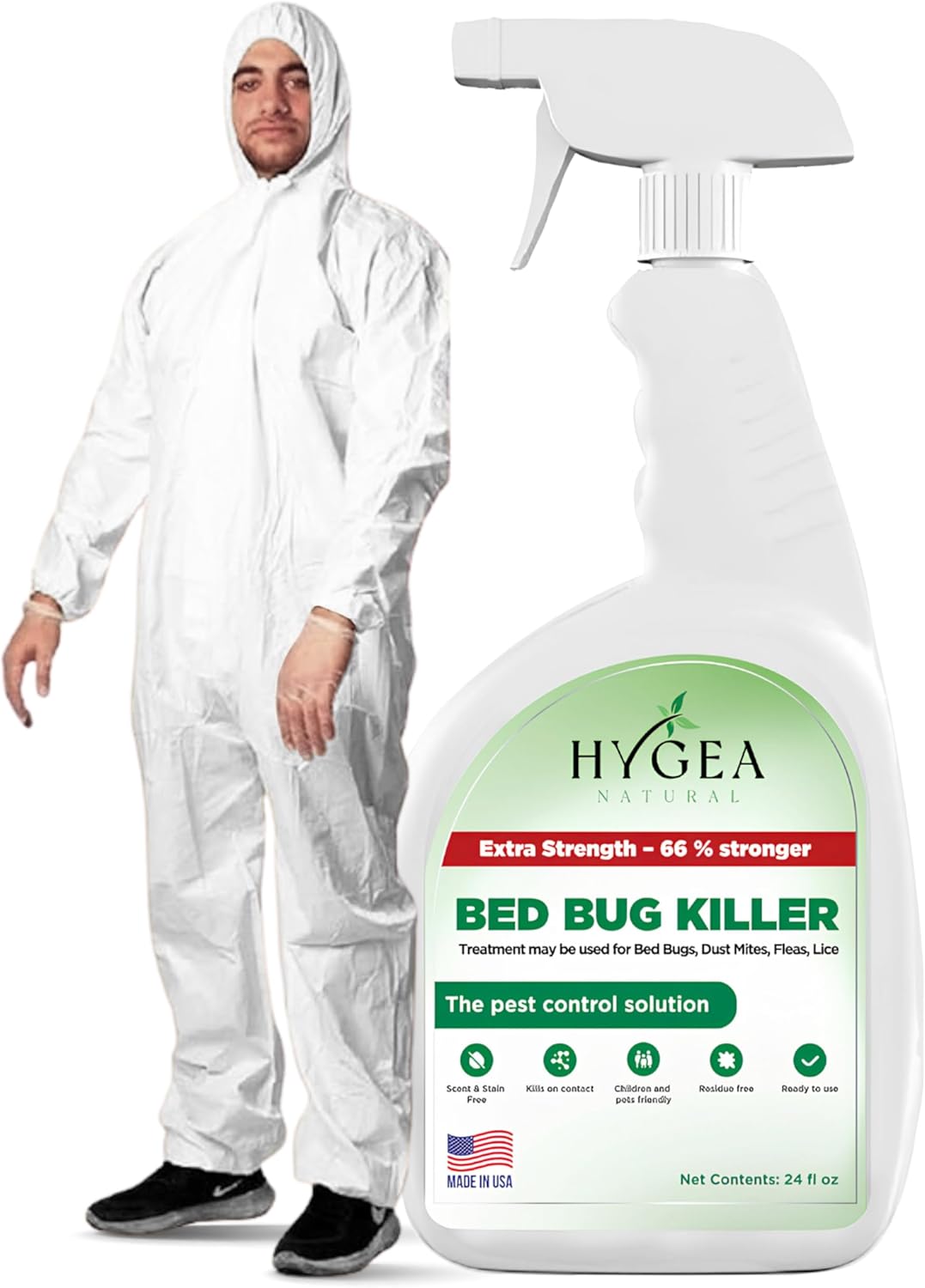 Hygea Natura Bed Bug & Mite Extra Strength 24oz Spray 6 Pack + Disposable Coveralls to Protect Clothing (2X-Large) Bundle