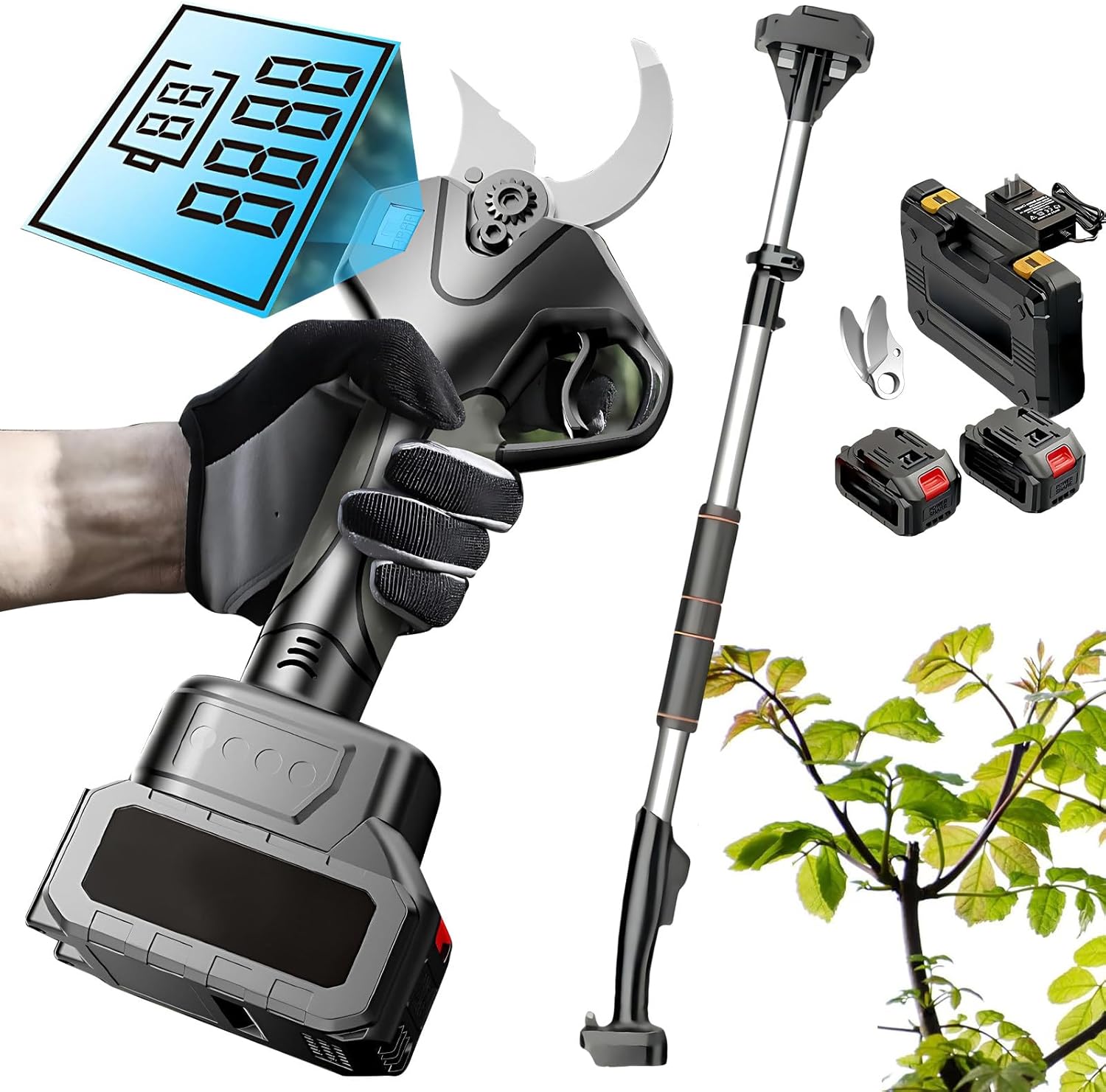 Cordless Electric Pruning Shears & Pole Pruner Combo, 21V Brushless Motor, 7FT Extension Pole, 4cm/1.6in Cutting Diameter, LCD Display, Lithium Battery for Tree Trimming 2batteries
