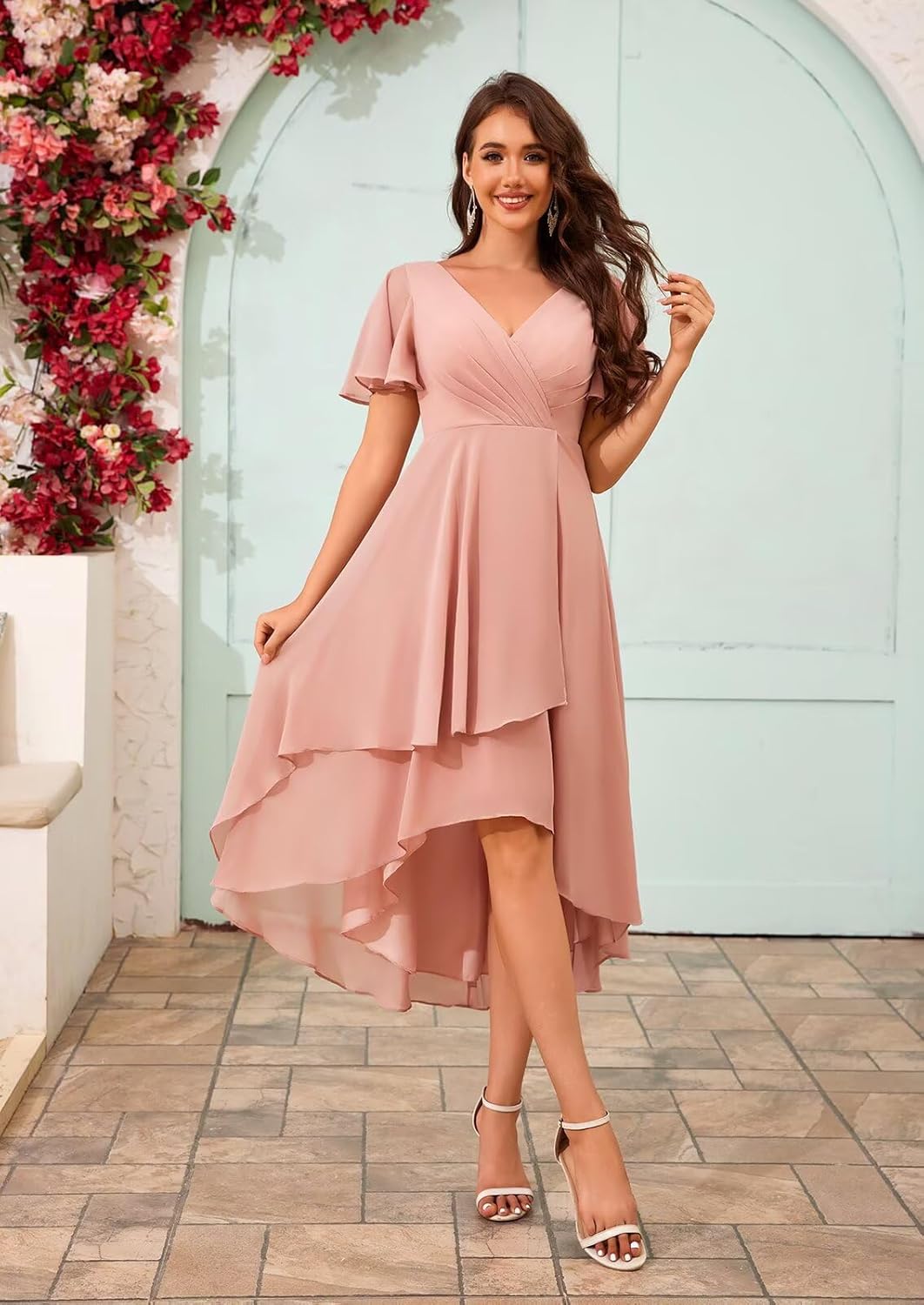 Sukleet V Neck Flutter Sleeves Bridesmaid Dresses for Women Chiffon High Low Formal Cocktail Dress