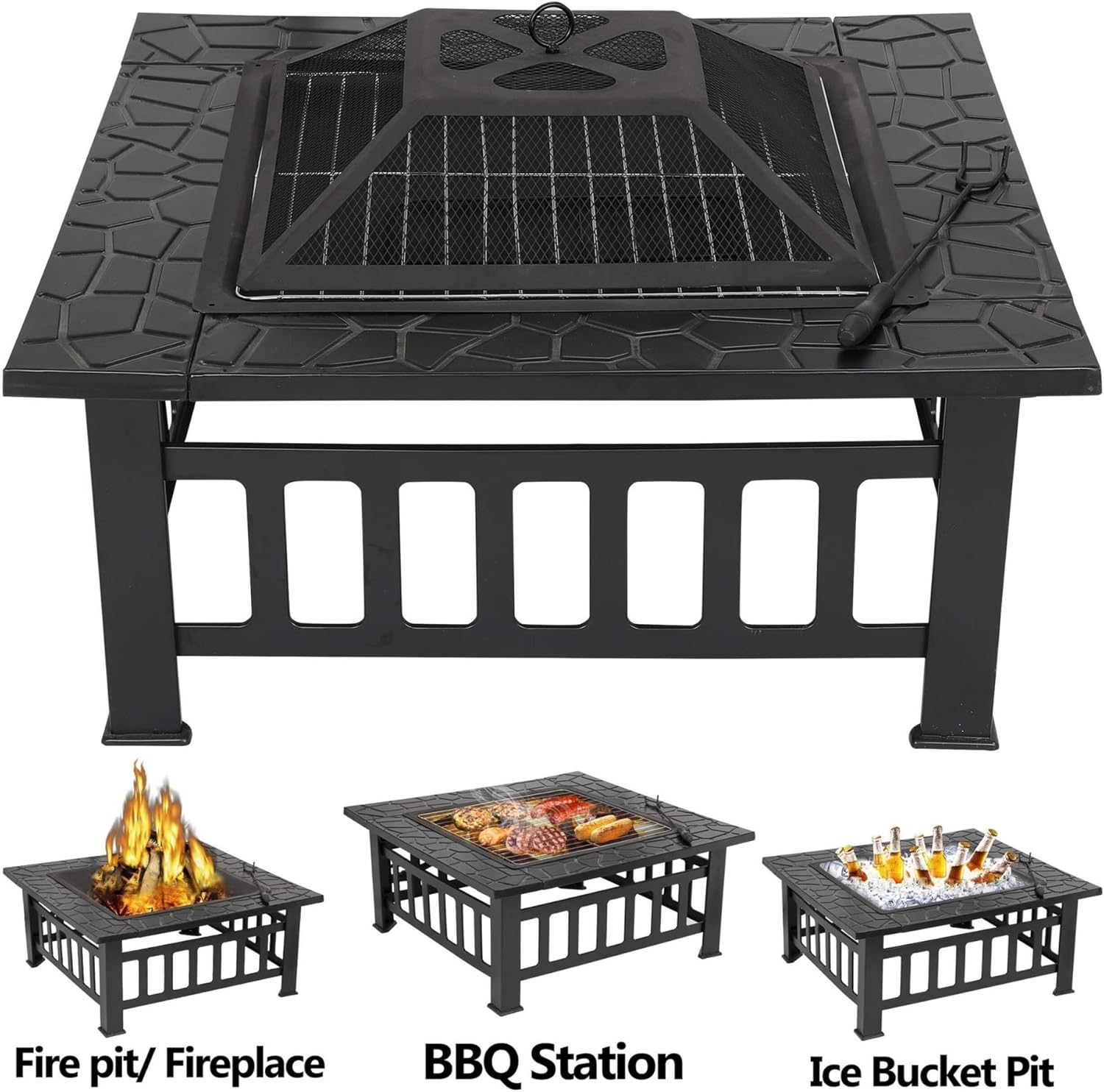 32 Inch Square Metal Fire Pit Table for Outdoor Backyard Patio Garden Multifunctional Fireplace Stove with Cover Applicable to Camping Barbecue Bonfire Picnics