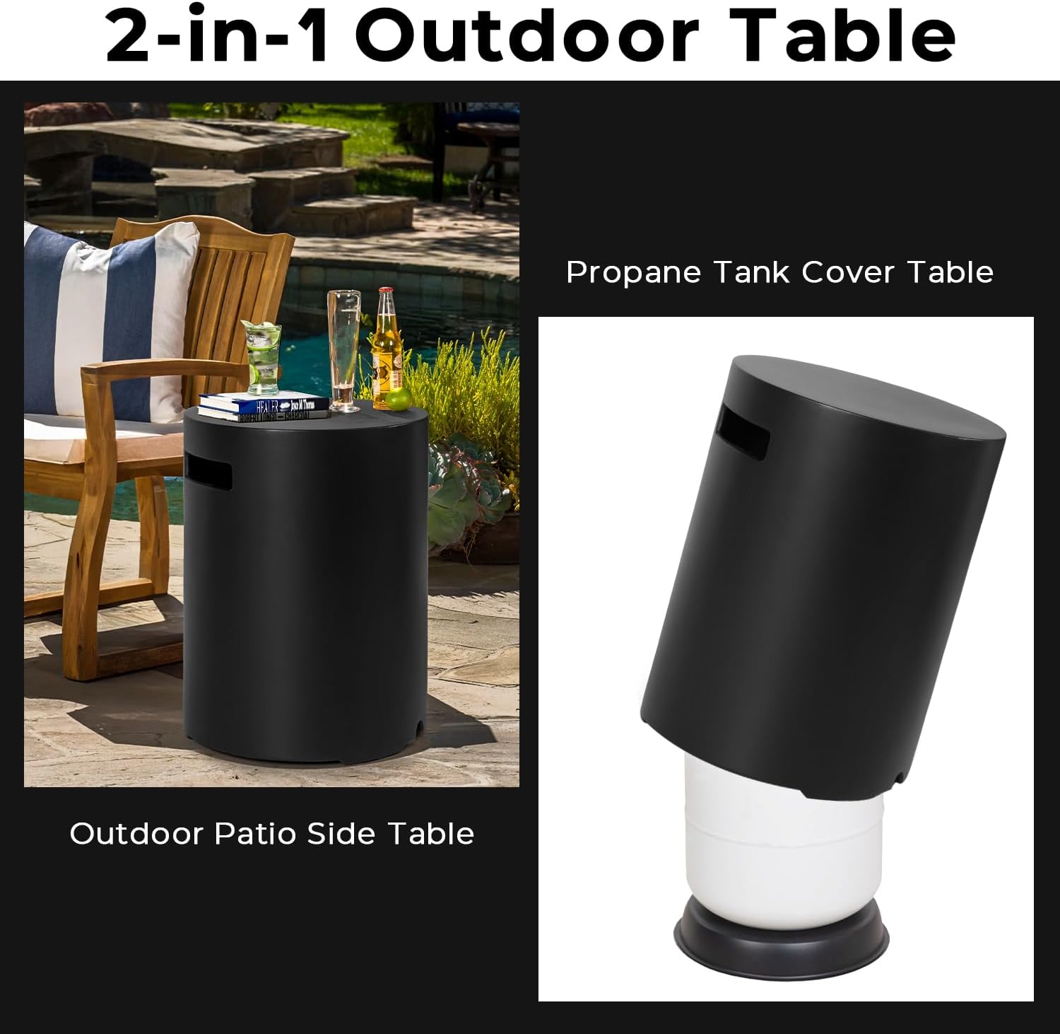 Propane Tank Cover Table Set of 2, Round Concrete Tank Storage Box 20 LB Modern Outdoor Propane Tank Covers Tables Hideaway Table for Gas Fire Pit, Tank Holder with Handles (Black)