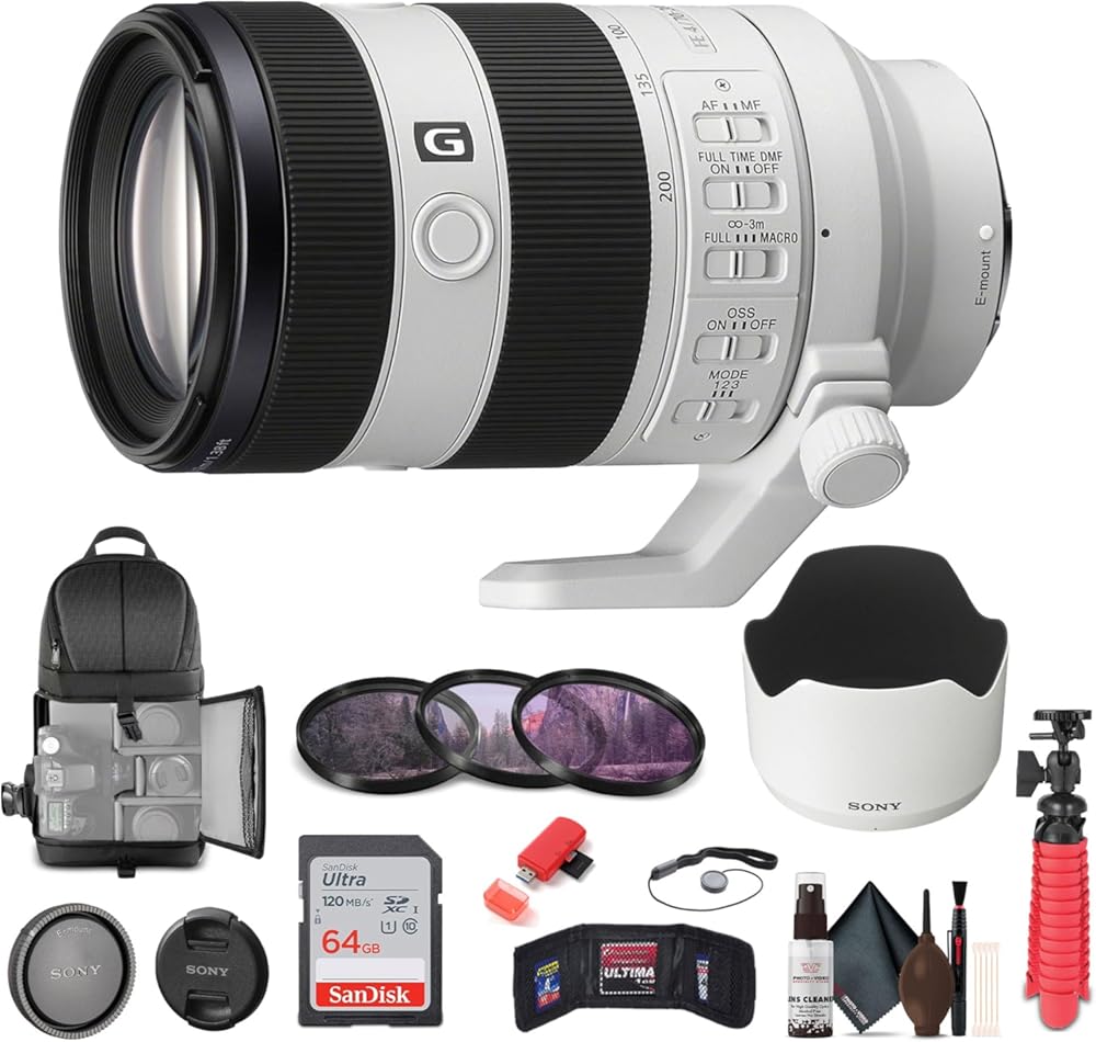 Sony FE 70-200mm f/4 Macro G OSS II Full-Frame Compact Telephoto Zoom Lens E Mount (SEL70200G2) + 64GB Memory Card + Filter Kit + Backpack + Flexible Tripod + Cap Keeper + Cleaning Kit + More