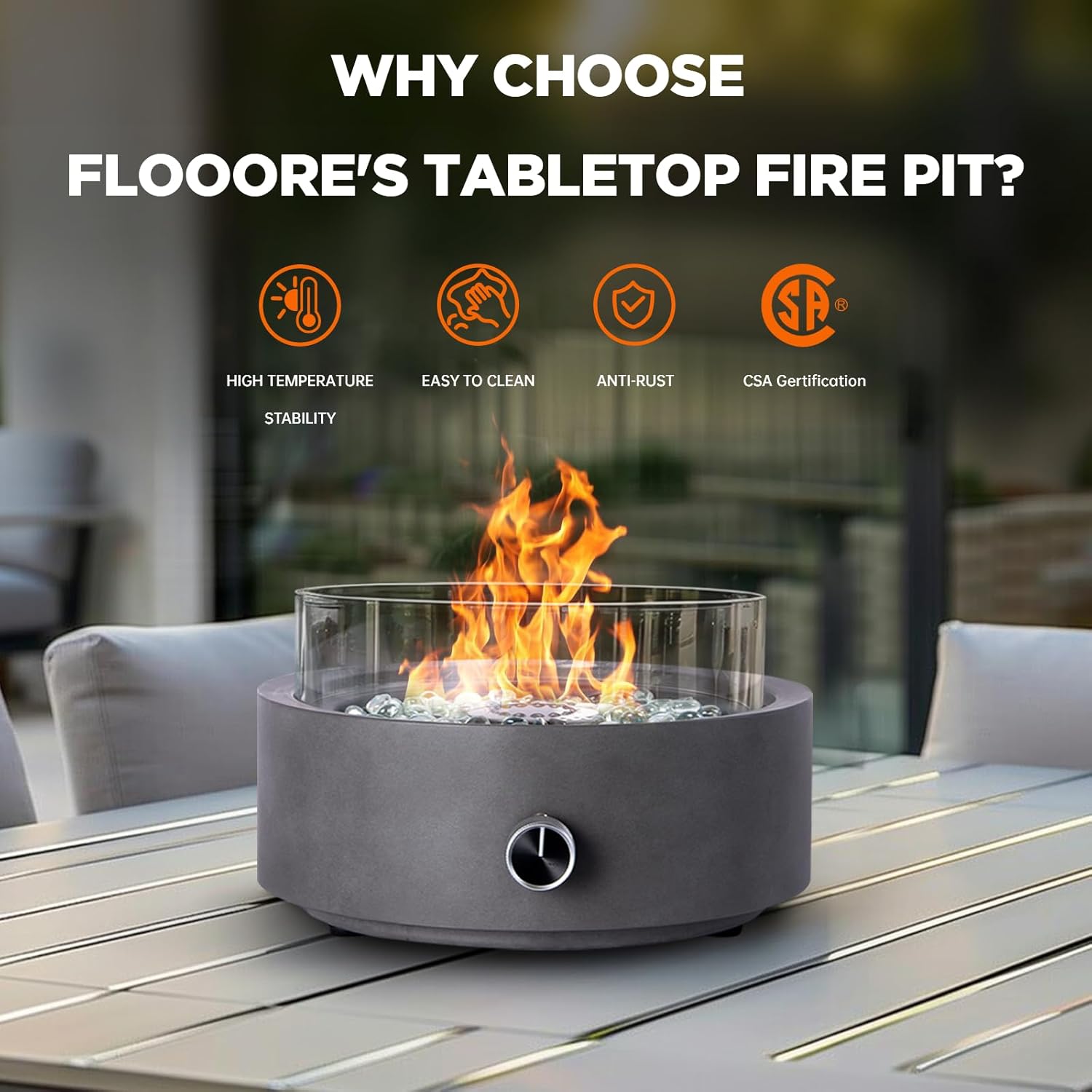 Propane Table Top Fire Pit for Outside Patio,14-inch Tabletop Fireplace Bottom-Mounted for Table with Umbrella Hole- Grey