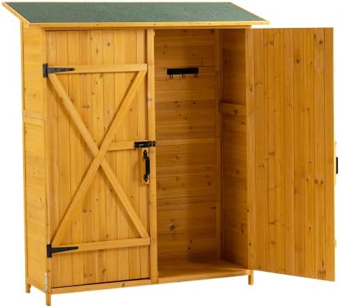 Outdoor Storage Cabinet- Garden Storage Shed- Lockable Wooden Storage Sheds Organizer for Home, Yard, Outdoor 56”L x 19.5”W x 64”H (Natural + Solid Wood)