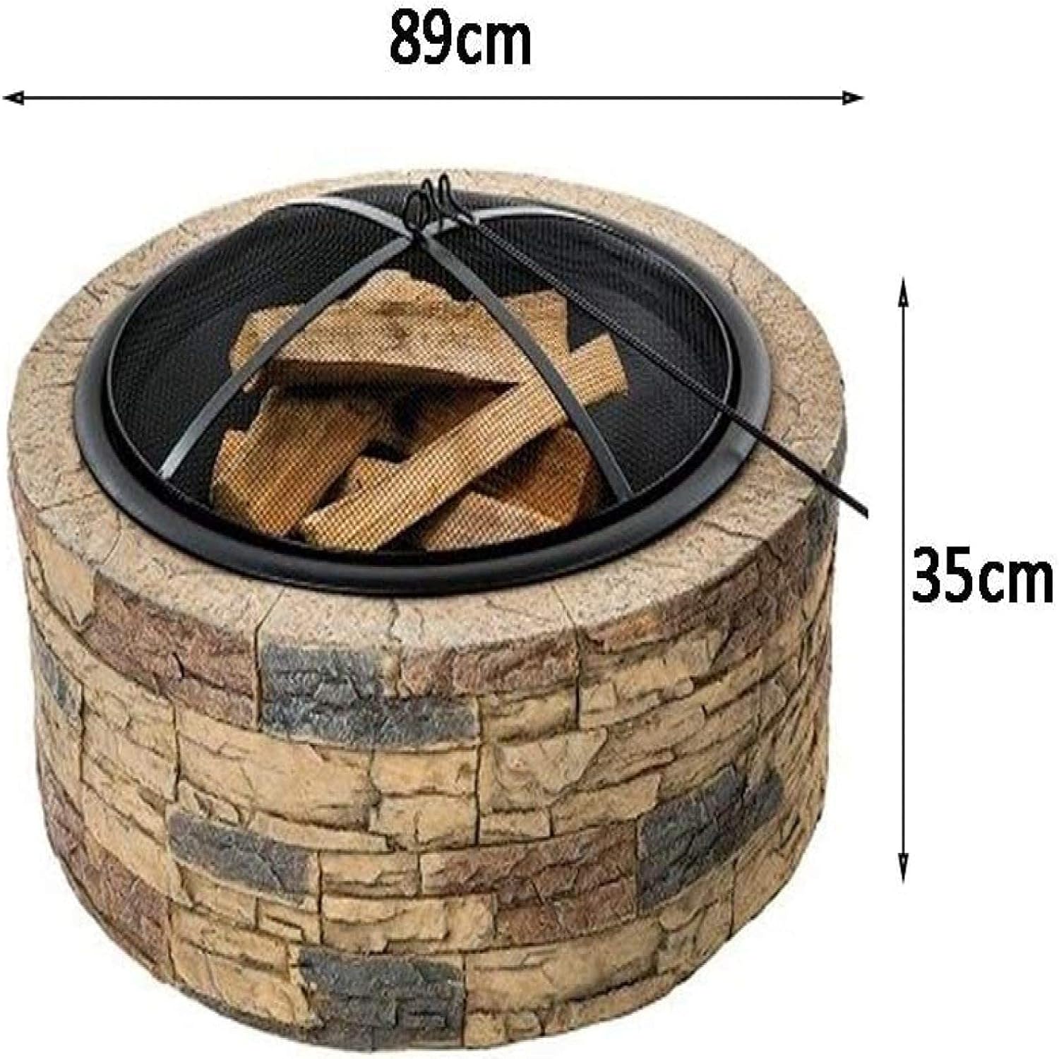Fire Pit BBQ Grill Fire Bowl Round Charcoal Heating Brazier Imitation Stone Wood Grain Stove