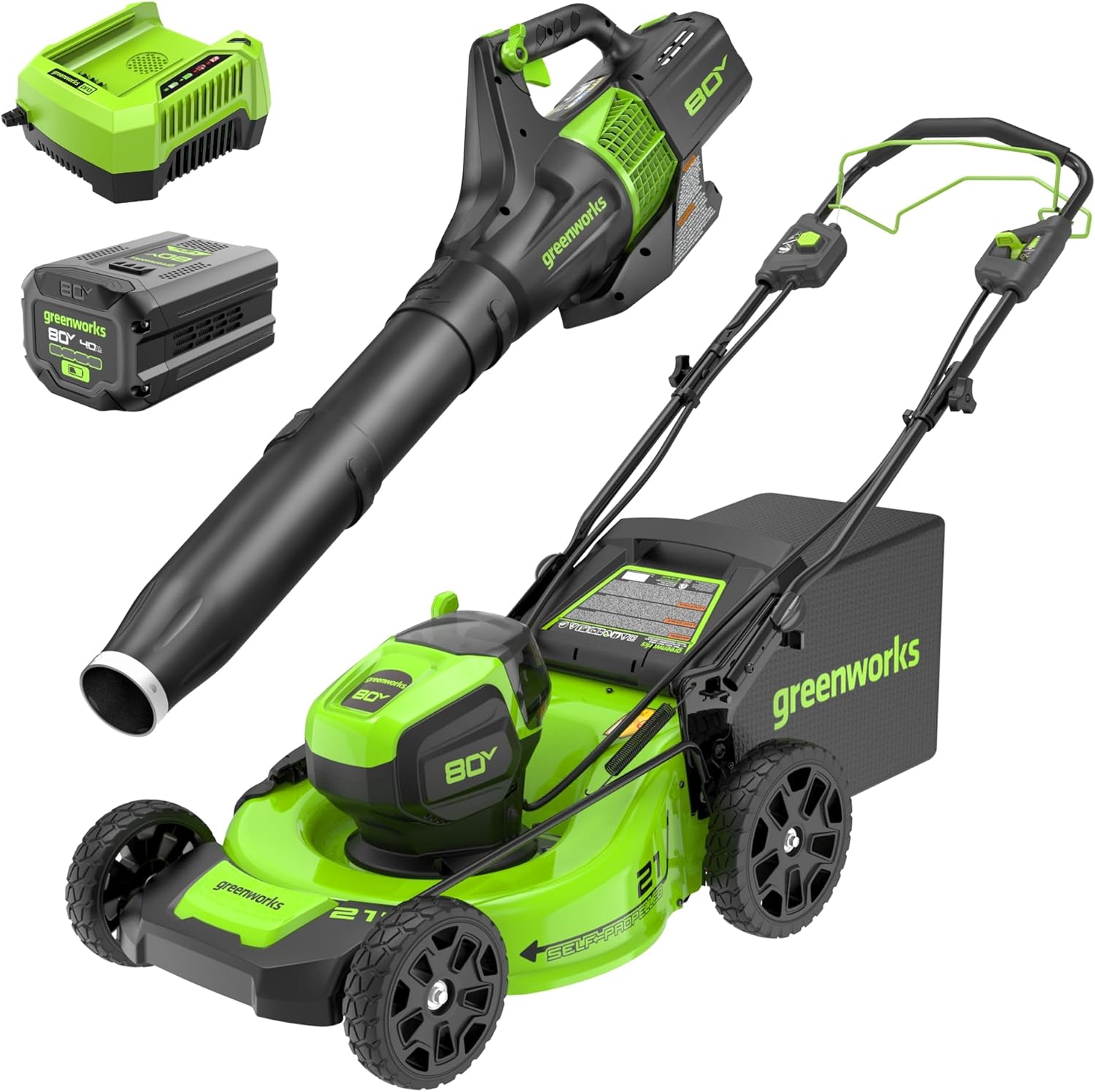 Greenworks 80V 21” Brushless (Self-Propelled) Cordless Electric Lawn Mower + (580 CFM) Axial Leaf Blower (75+ Compatible Tools), 4.0Ah Battery and 60 Minute Rapid Charger, Green and Black