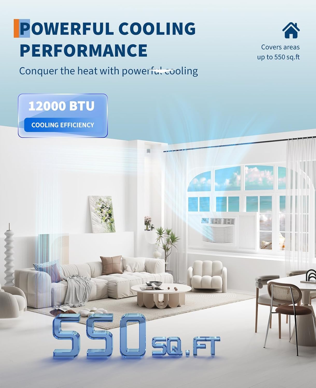 Window Air Conditioner 12000 BTU with WiFi, Energy Efficient Window AC Unit Cools Up to 550 Sq.Ft. with Remote App Control, Ideal for Apartment, Living Room, Medium Room, White