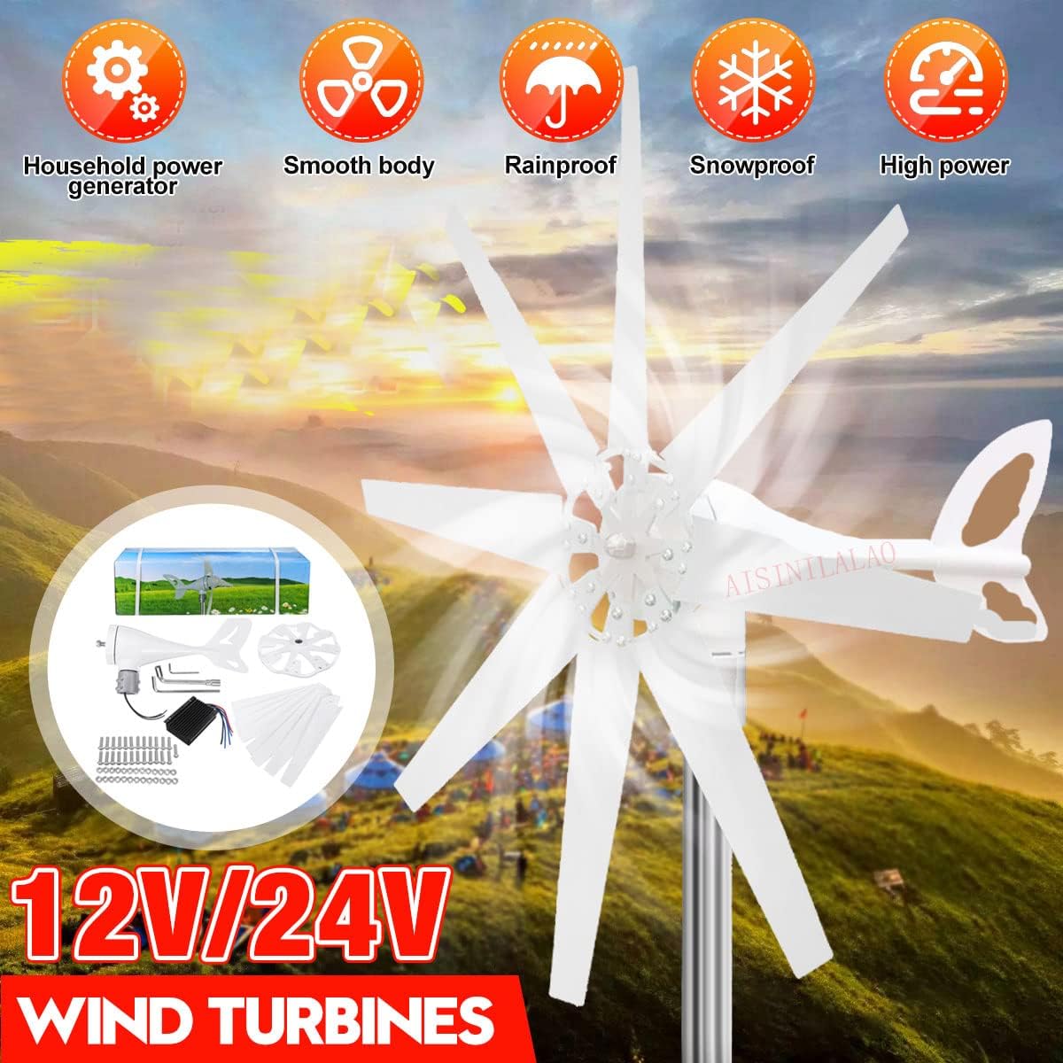 Wind Turbine 12V 24V 48V 8 Blades with Controller High Efficiency 1200W Horizontal Wind Power Generator Kit for Solar Panels Garden Street Lighting (White)