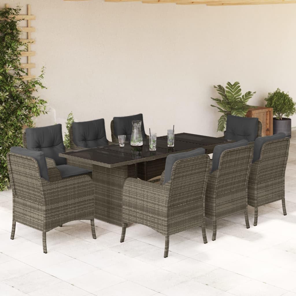 9 Piece Patio Dining Set with Cushions Gray Poly Rattan Garden Furniture