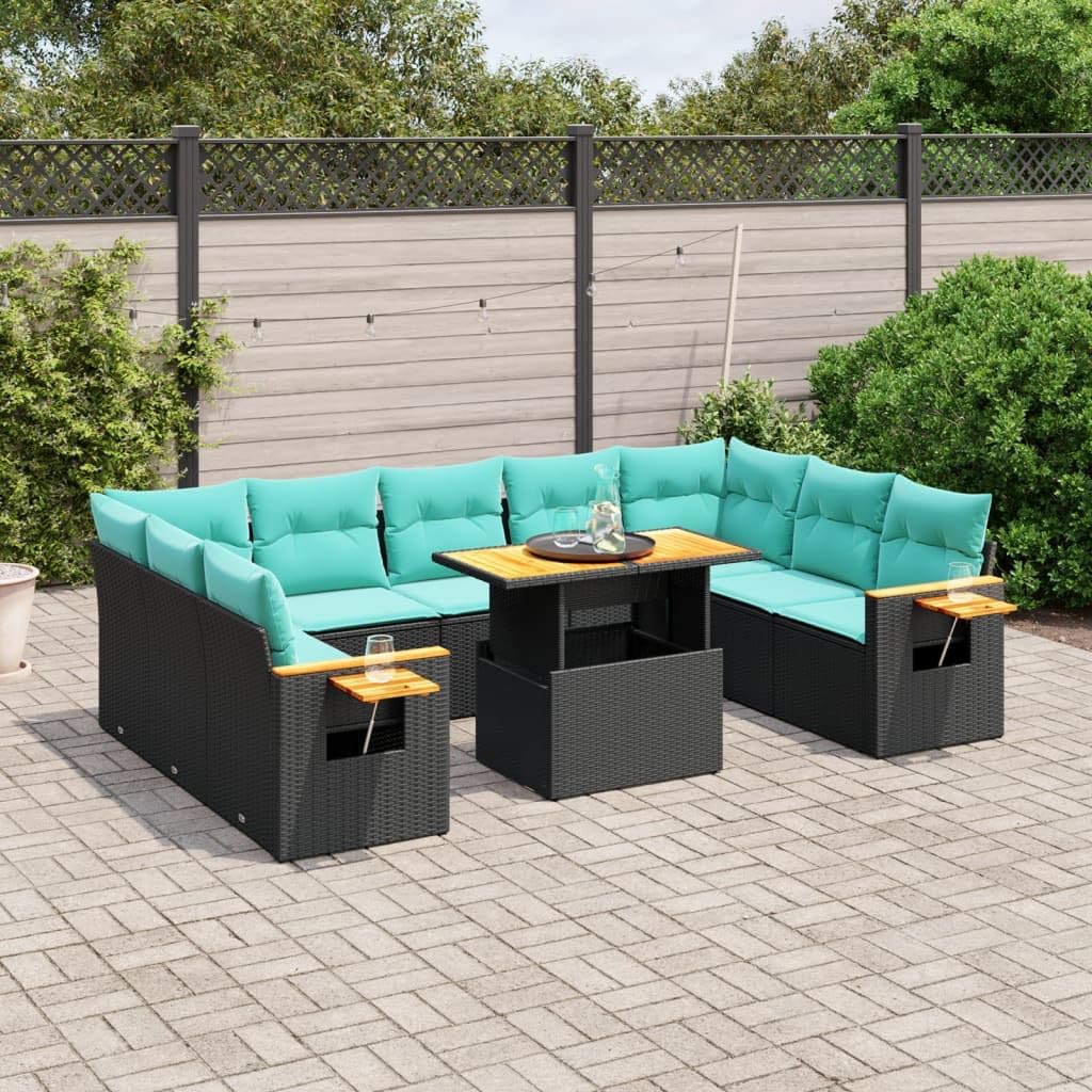11 Piece Patio Sofa Set, Black Poly Rattan Outdoor Sectional Furniture with Blue Cushions, Adjustable Table, Balcony Dining Seating
