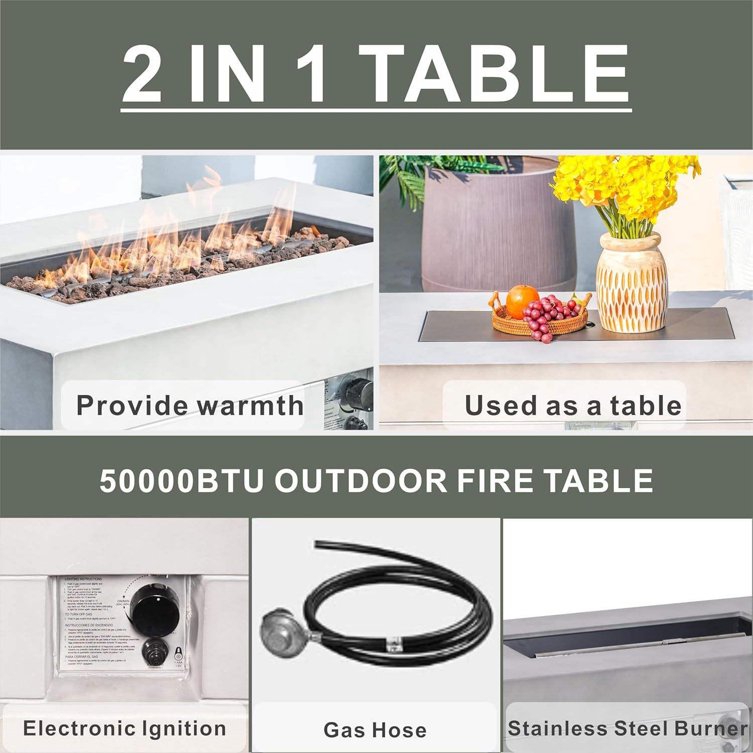 2-in-1 Outdoor Fire Table 50,000 BTU Stainless Steel Burner 42.5
