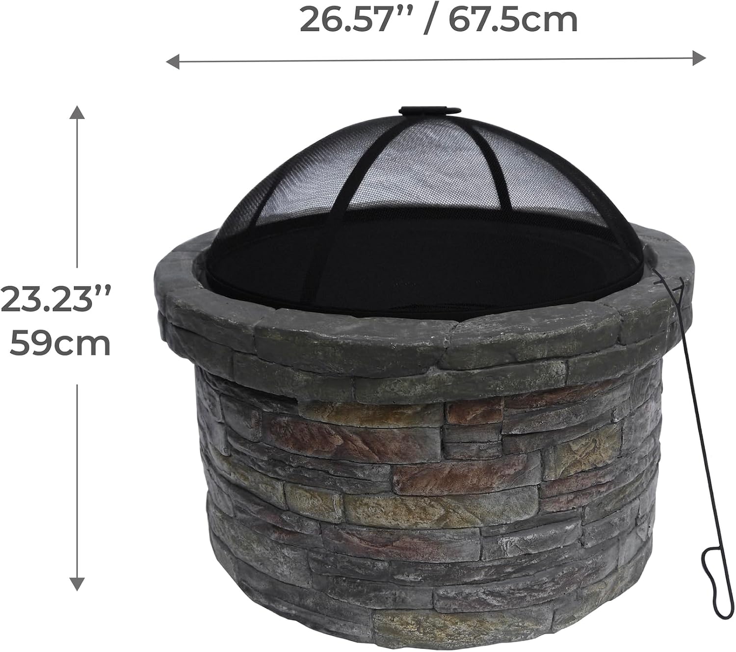 Teamson Home 26.5 in. Round Decorative Faux Slate Stone Outdoor Wood Burning Fire Pit with Spark Screen, Poker and Grill Grate for Self-Contained Fires for Entertaining at Home, Multicolored Stone