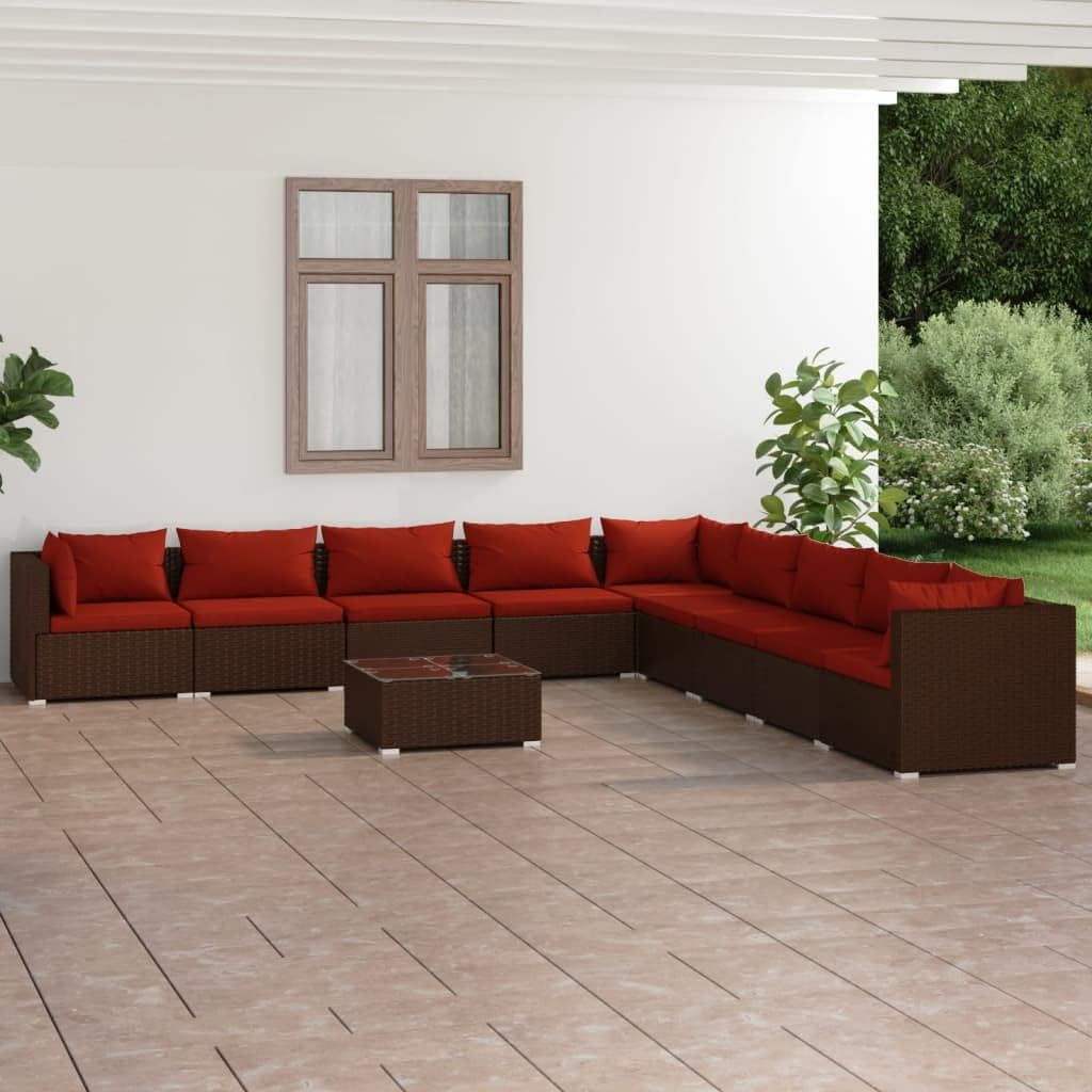 10 Piece Patio Lounge Set with Cushions Poly Rattan Brown Garden Furniture