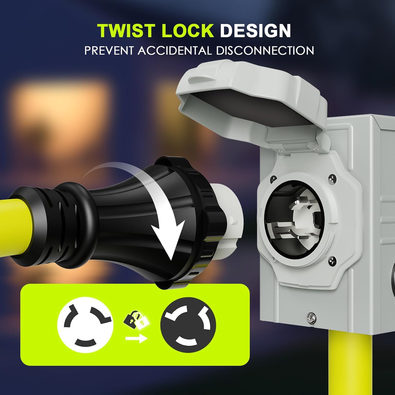 50 Amp Generator Cord 15FT and Power Inlet Box, NEMA 14-50P Male to SS2-50R 125/250V Twist Lock Connector with Pre-Drilled NEMA SS2-50P Generator Inlet Box for Generator to House, ETL Listed