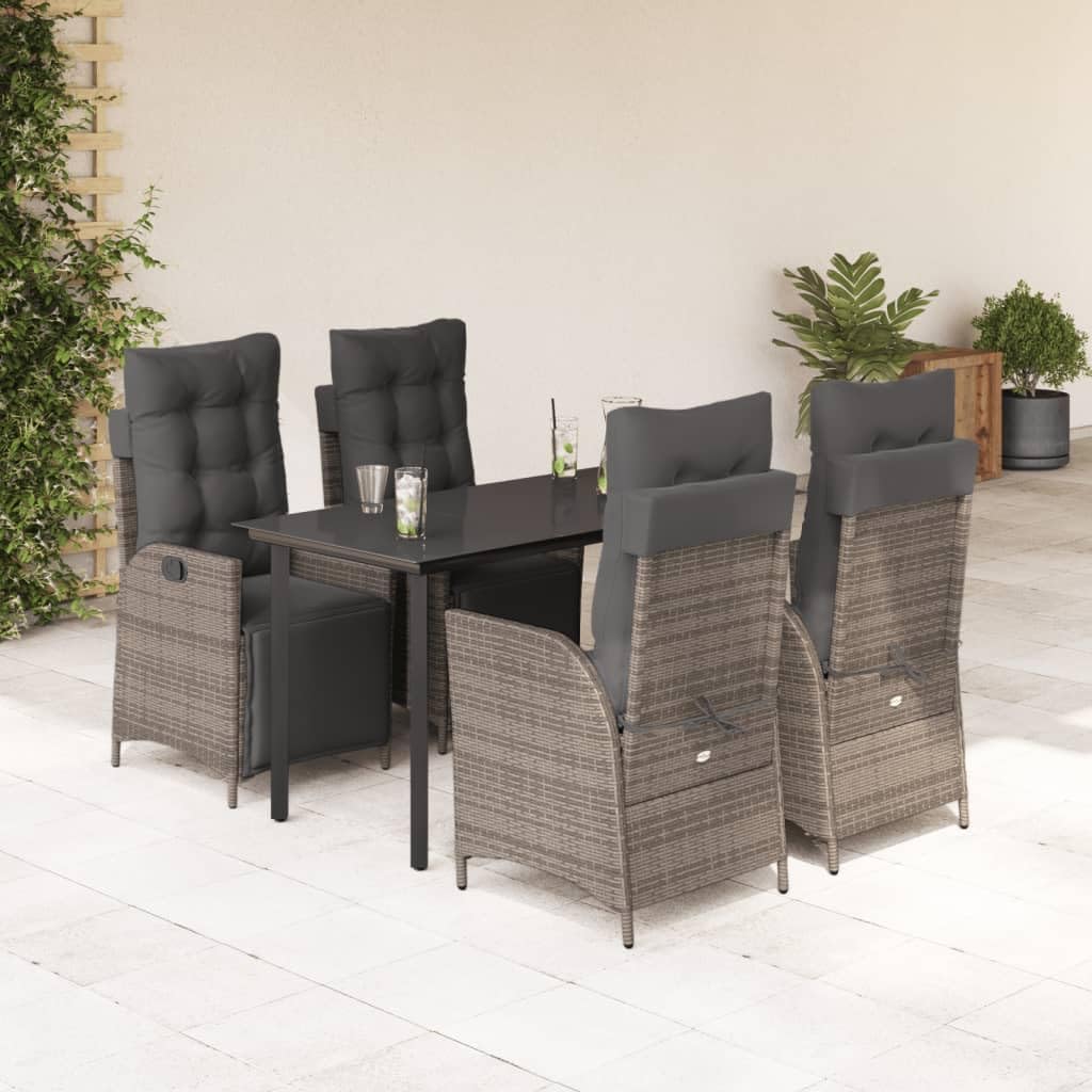 5 Piece Patio Dining Set with Cushions Gray Poly Rattan,Outdoor Dining Set with Adjustable Reclining Chairs and Tempered Glass Table Furniture Sets for Patio, Lawn & Garden