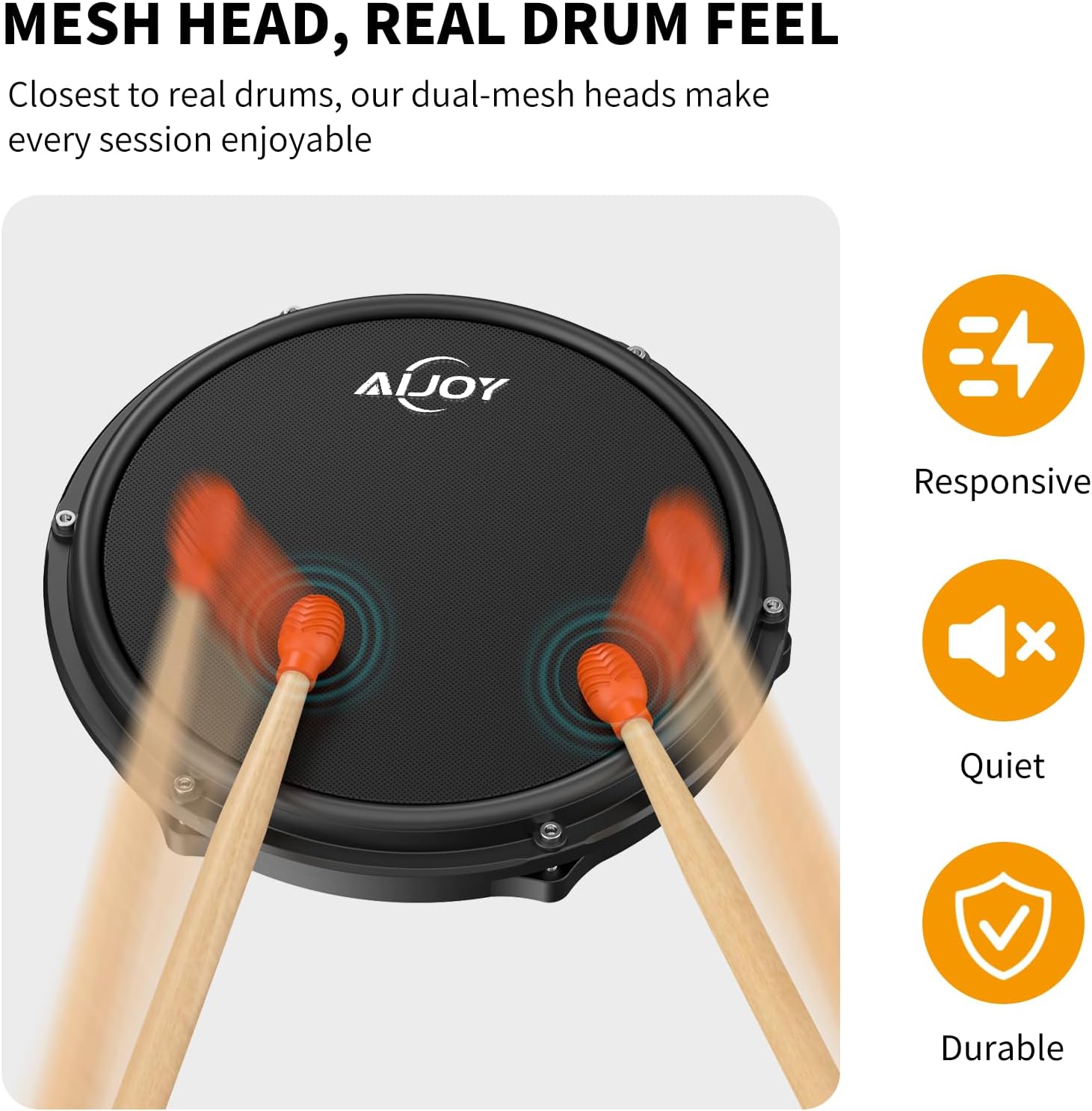 AiJoy Electric Drum Set for Beginners with 210 Sounds, 4 Quiet Drum Pads, 10'' Cymbals, Electronic Drum Kit with Headphones, 2 Pedals, Throne, Sticks, Gifts for Kids Adults (ADD15)