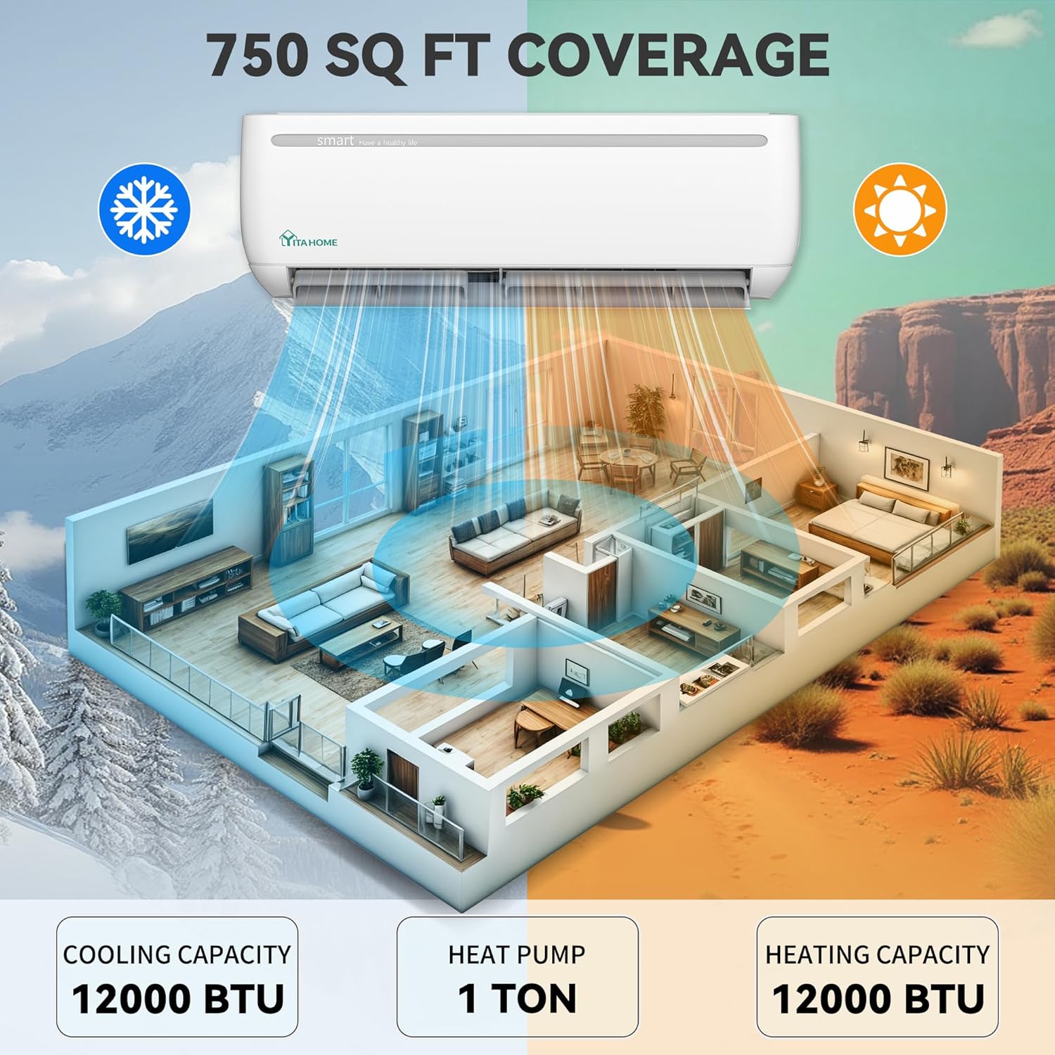 YITAHOME 12000 BTU Mini Split Air Conditioner Heat Pump System, 20 SEER2 115V Ductless Inverter System with Wi-Fi & Alexa Compatibility, Covers Up to 750 Sq. Ft, Complete Installation Kit Included