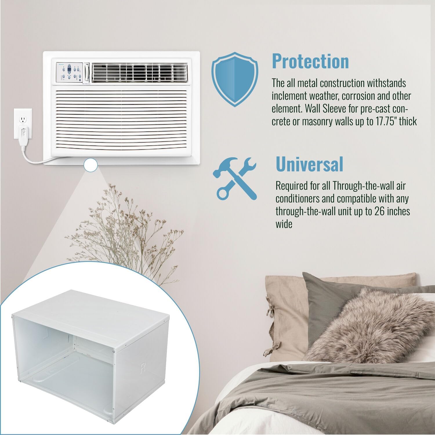 Keystone 26 In. Metal Wall Sleeve for Wall Mounted AC Unit Installation, Compatible with Wall Units up to 26-Inches Wide, Protects and Secures Wall Air Conditioners from Bugs, Dust, and Debris