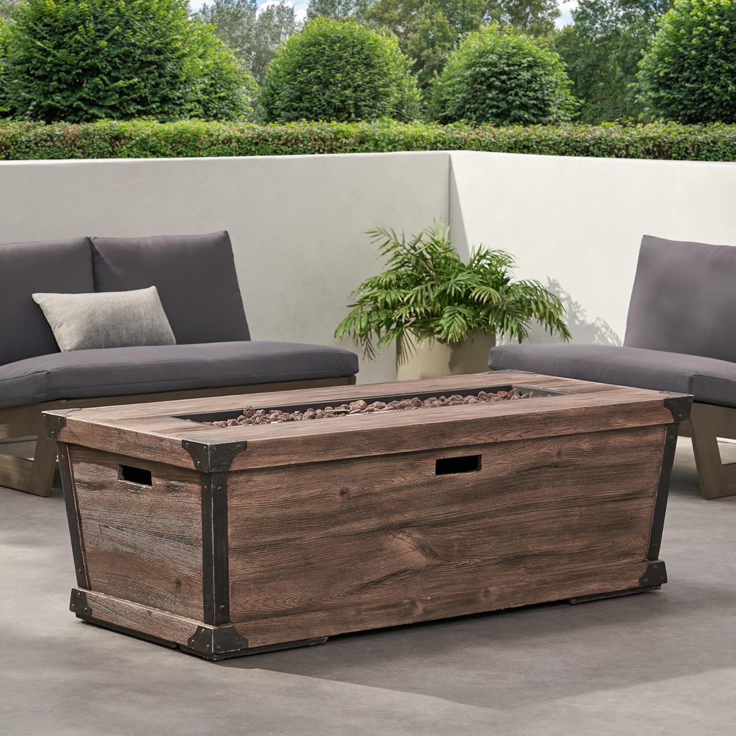 Rustic Concrete Gas Fire Pit Table, 56-Inch Rectangle, 50,000 BTU, Propane Patio Heater, Brown