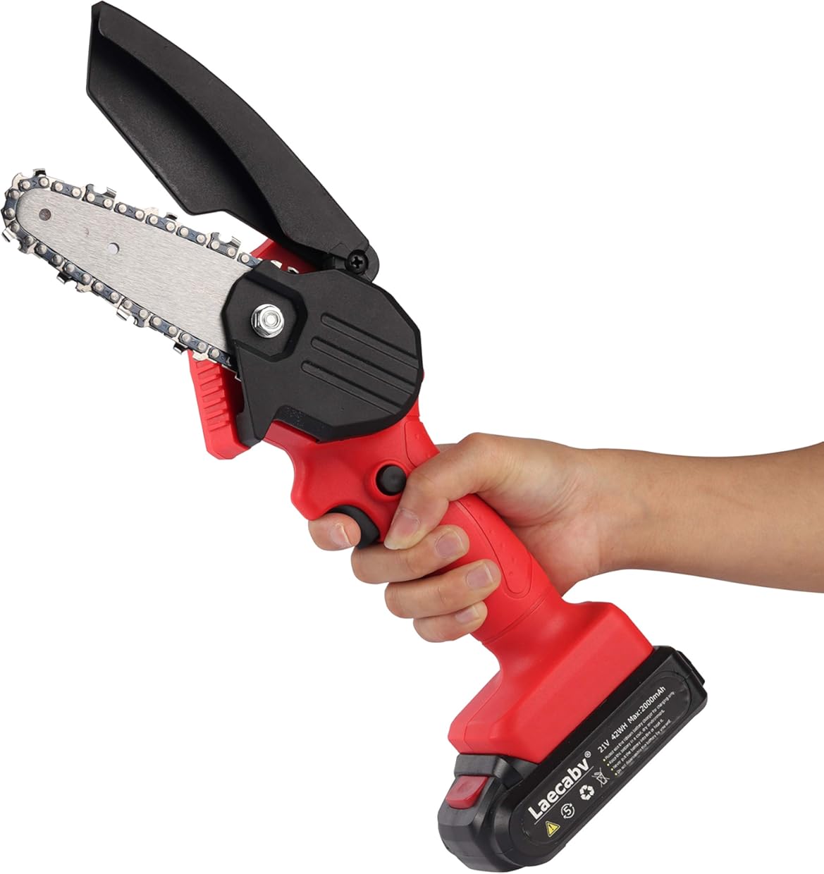 Laecabv NEW 2nd Generation of 4-Inch Mini Chainsaw, Cordless Battery-Powered Chain Saw with Protect Flip, Portable One-Hand Electric Pruning Saw 0.7kg Lightweight for Tree Branch Wood Cutting (Red)