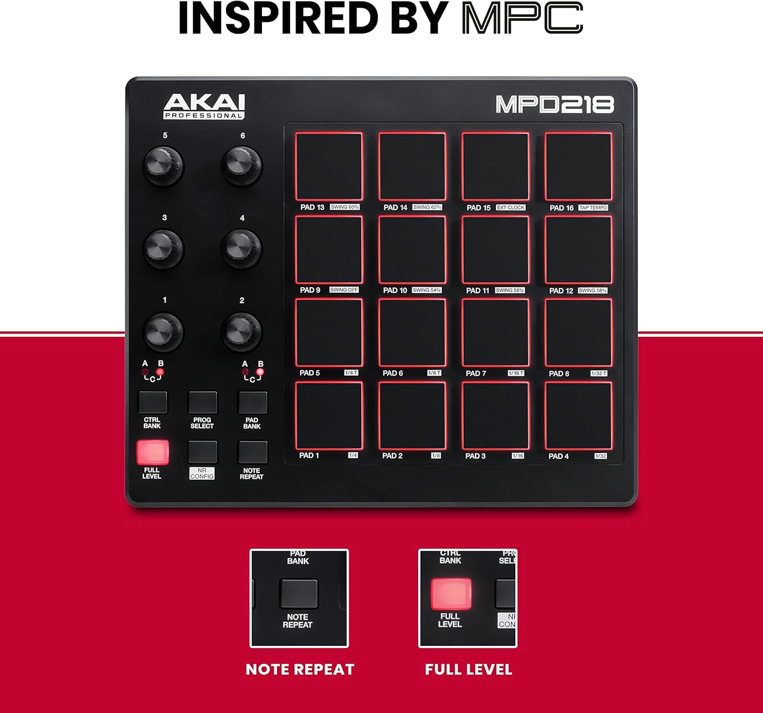 Akai Professional MPD218 - USB MIDI Controller with 16 MPC Drum Pads, 6 Assignable Knobs, Note Repeat and Full Level Buttons and Production Software