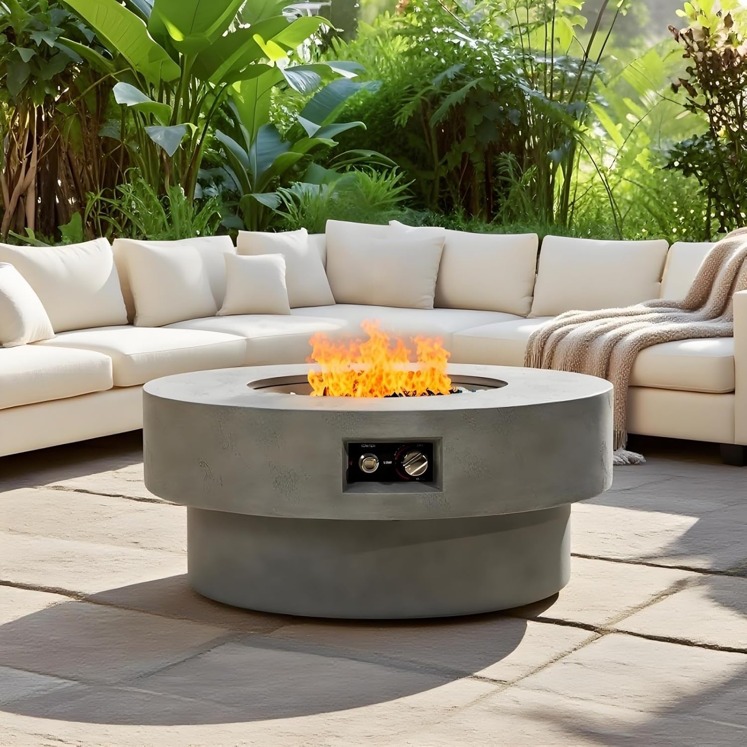 34-inch Round Propane Fire Pit Table, Cement Grey Outdoor Firepit Table with 50000BTU, Electronic Ignition, Burner Lid, Glass Rocks & Rain Cover, 33.46