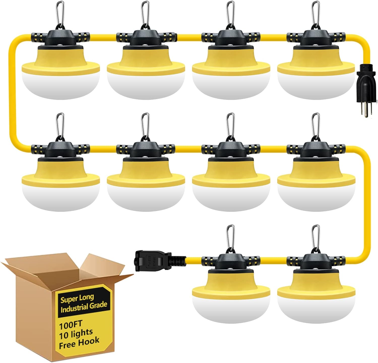 New 100FT Construction String Lights LED Industrial Grade Best for Construction Sites,Renovation, Walkways,Patio,Mine cave,Outdoor Lighting Solutions Use,Free for Climbing Hook 3Prong