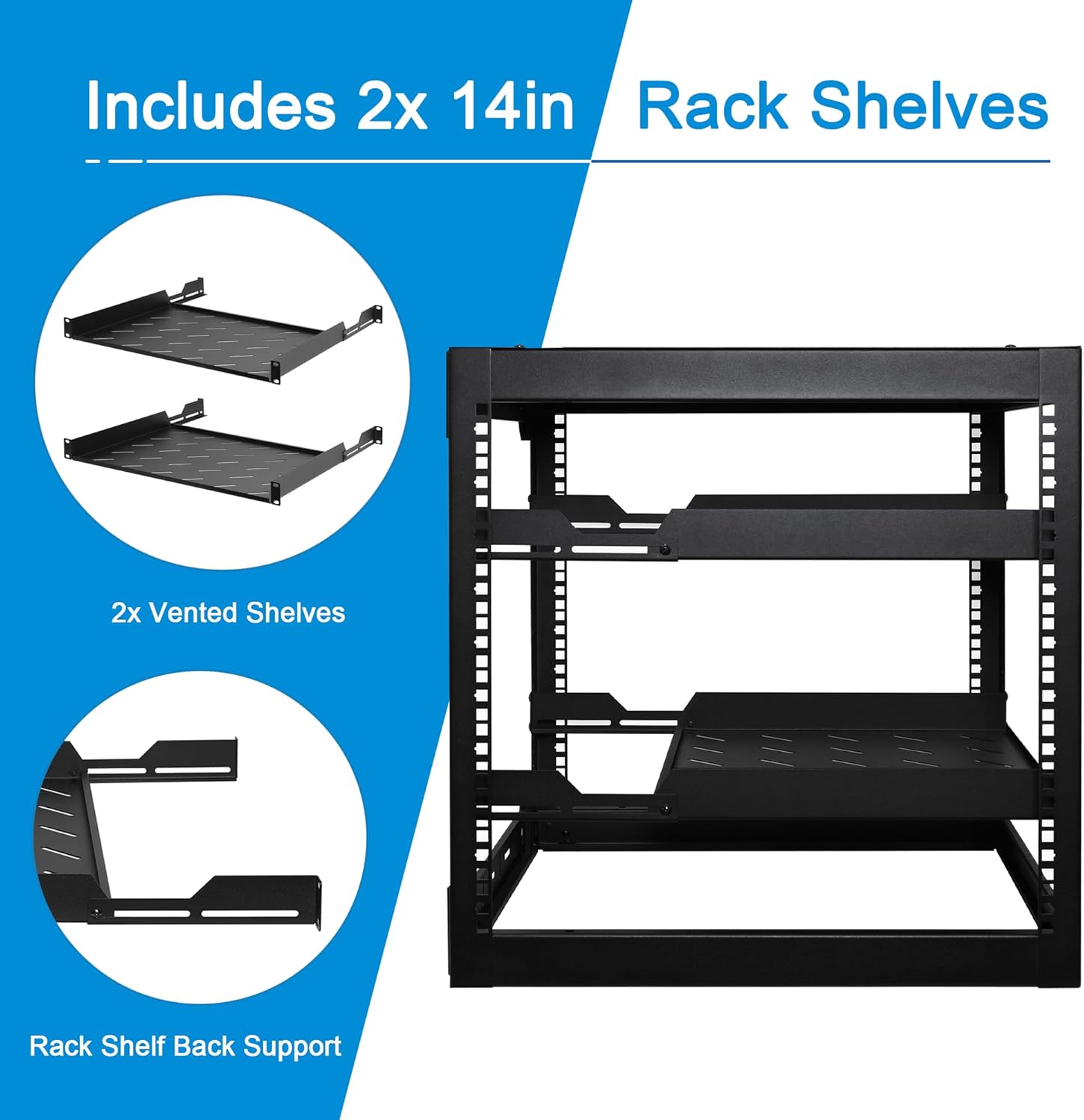 RackPath 12U Open Frame Network Rack with 2X 14in Vented 1U Shelves Rear Support, Wall Mount/Floor Standing Network Cabinet, Heavy Duty 150 lbs Capacity for IT & AV Gear, Audio and Video Device