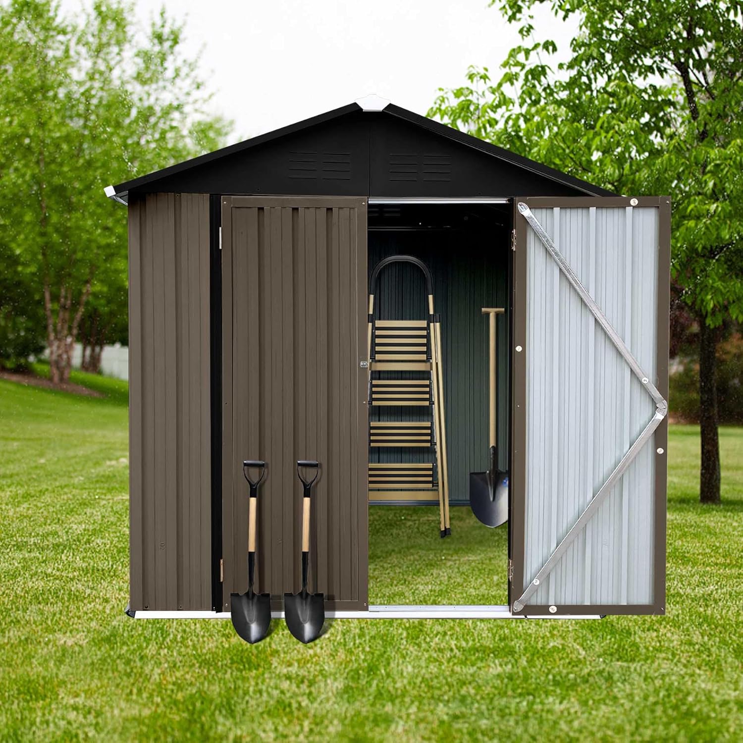 73” Outdoor Storage Cabinet with Lockable Door, 4FTx6FT Metal Storage Shed for Patio Garden, Apex Roof, Easy Assembly (Brown)