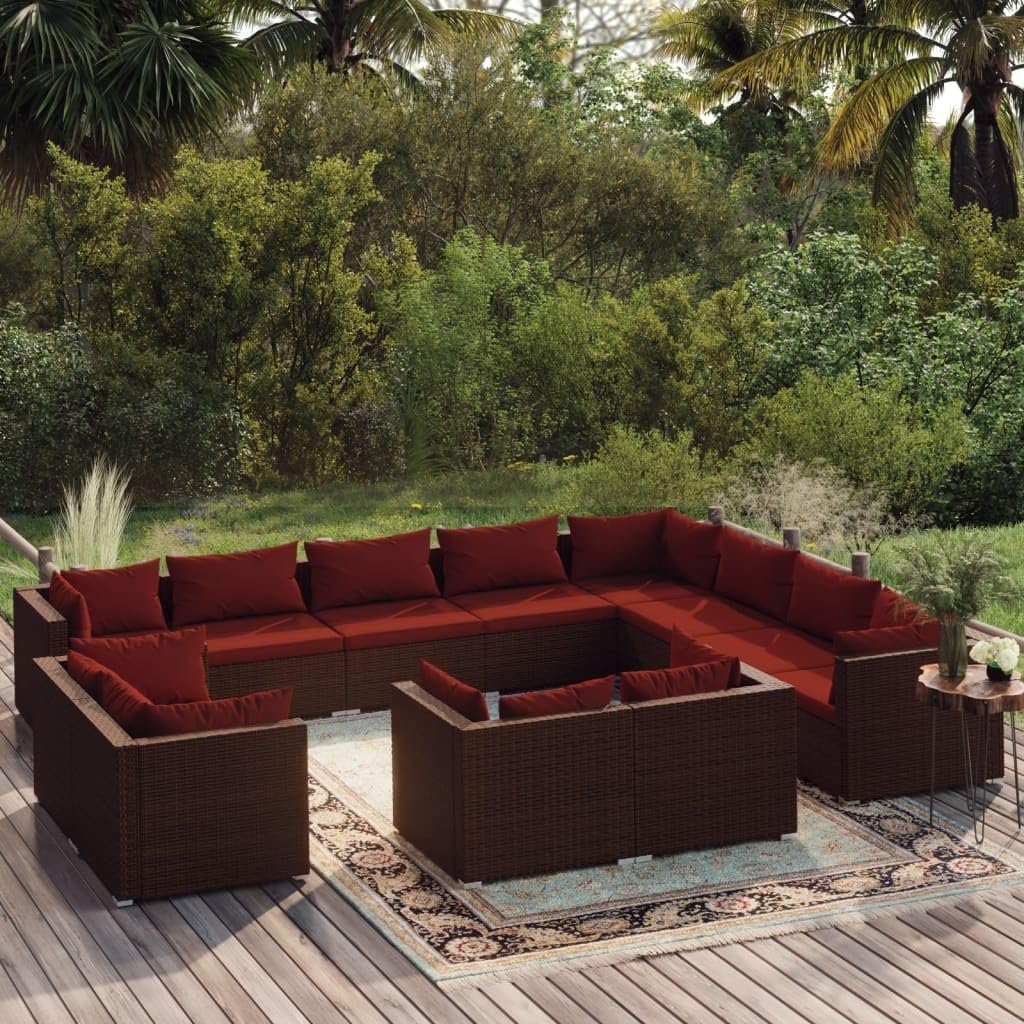 12-Piece Outdoor Garden Lounge Set, Brown Cinnamon Red Synthetic Rattan, Modular Patio Furniture for Balcony, Weather-Resistant Seating