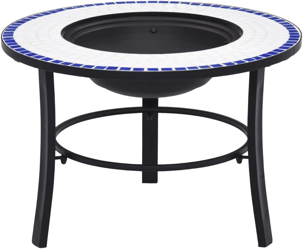 Mosaic Fire Pit Blue and White Steel Fire Pit Bowl with Grid and Tabletop for Outdoor Heating and BBQ Use 26.8