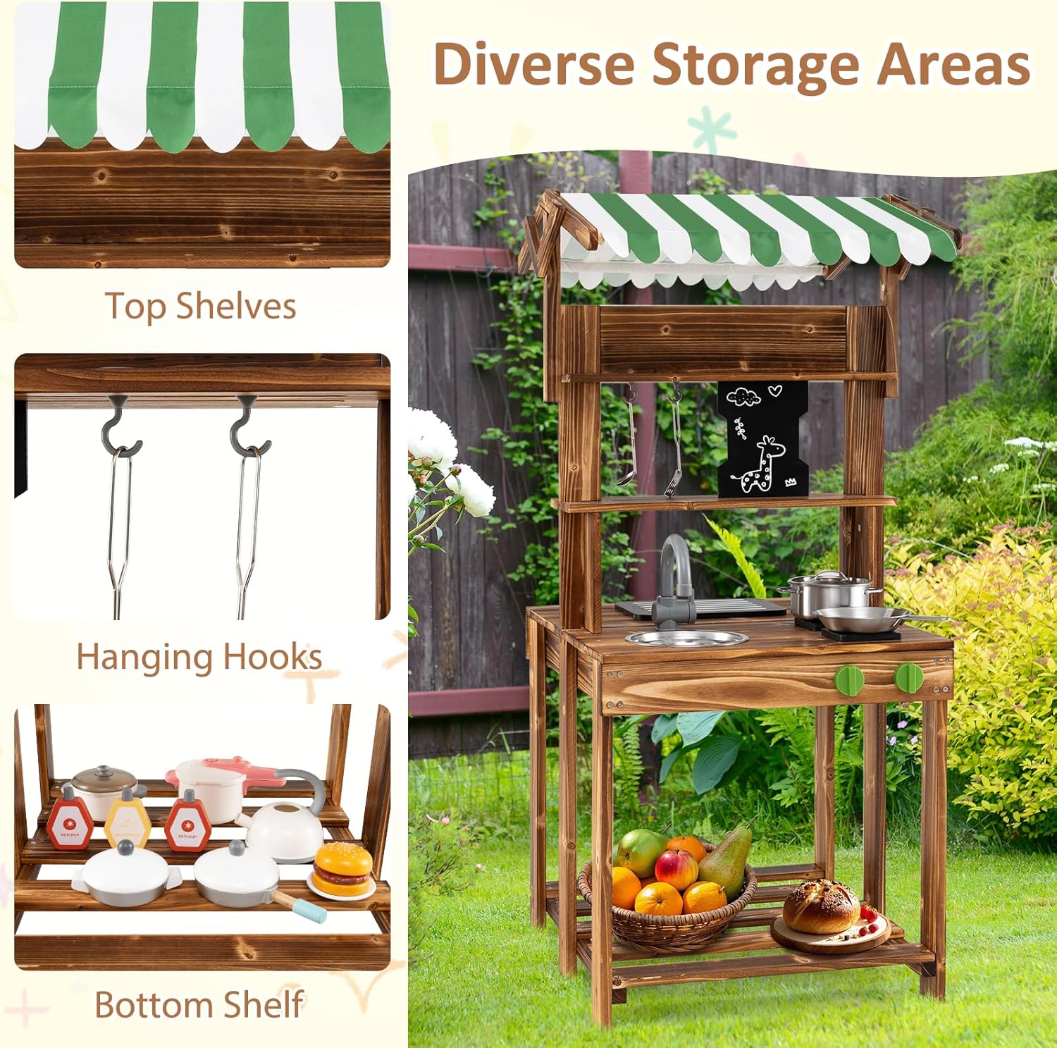 Costzon Mud Kitchen, Double-Sided Outdoor Play Kitchen & Barbecue Grill Playset with Canopy, Chalkboard, Sink & Faucet, Cooking Accessories, Gift for Boys & Girls 3+ (Double-Sided)