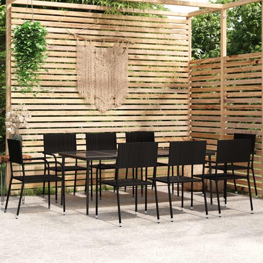 Furniture Sets 9 Piece Patio Dining Set Black,Modern Outdoor Dining Set with Glass Top and Stackable Rattan Chairs for Patio and Garden Garden Conversation Sets