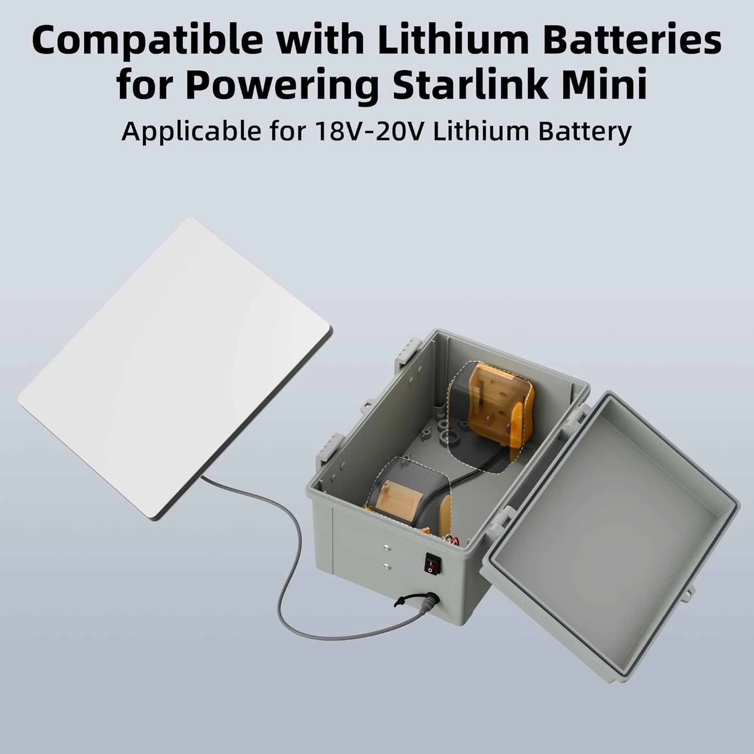 Starlink Mini Dual De.Walt Battery Pack Adapter Case with DC Female Plug and Switch Control, IP66 Waterproof Storage Box Ourdoor use for Star Link Mini Accessories