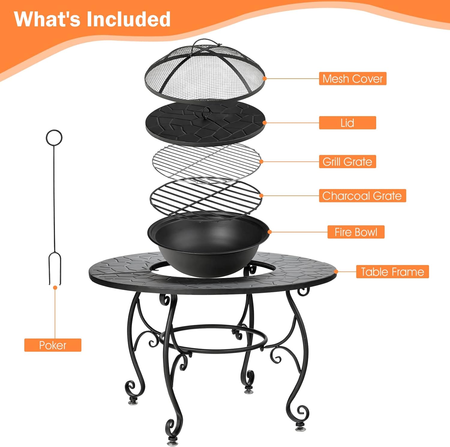 Tangkula Outdoor Fire Pit Table, 4 in 1 36 Inch Round BBQ Garden Fire Bowl with Lid, Bonfire Wood Burning Fire Pit for Outside Backyard Deck Patio, Includes Cooking Grate, Log Grate and Fire Poker