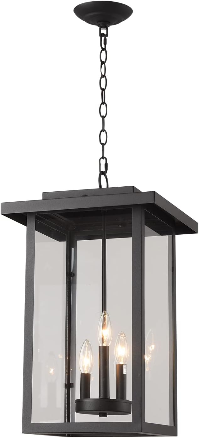 Outdoor Pendant Light Exterior Hanging Lantern, Large Outdoor Hanging Porch Light, Matte Black Finish with Clear Glass, 3 Light Outdoor Chandelier