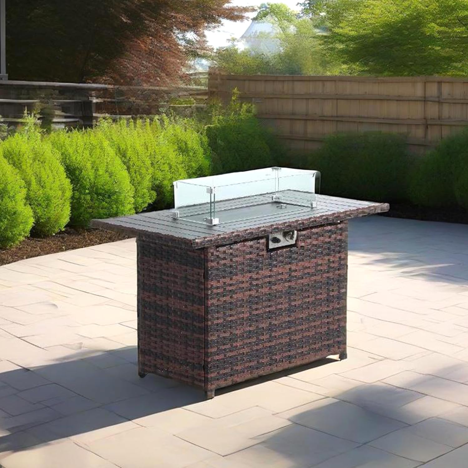 Home Novi Rattan 52-Inch Propane Fire Pit Table - 50,000 BTU, CSA Certified, Wind Guard, Fire Glass, Coffee-Colored - Durable, Safe, & Eco-Friendly Outdoor Heating Solution Grey