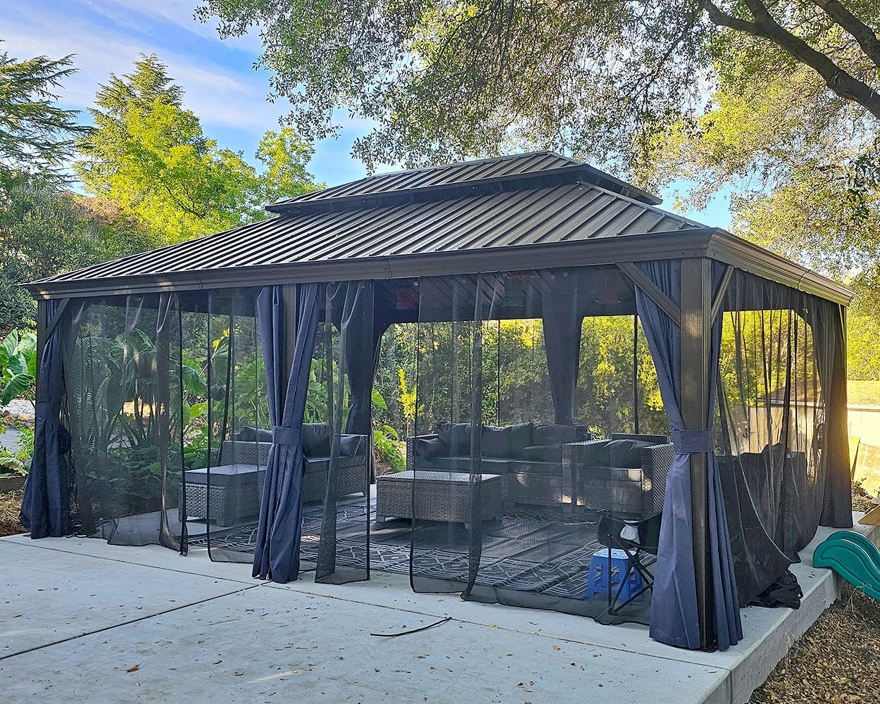 PURPLE LEAF 14' X 20' Outdoor Hardtop Gazebo Patio Wide Aluminum Frame Metal Double Roof with Heavy Duty Netting and Curtains for Permanent Hard Top Pavilion Screen, Navy Blue