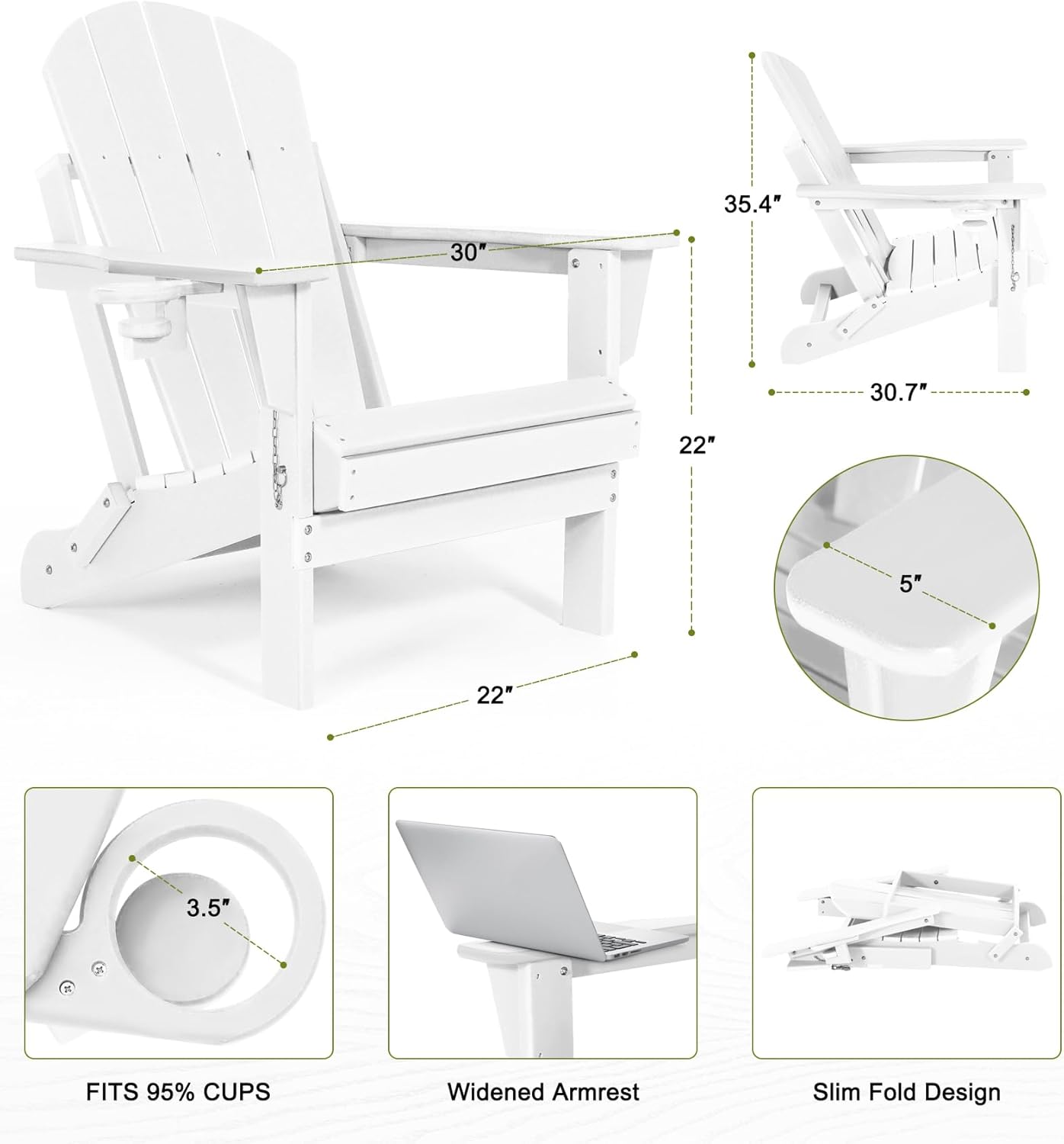 Folding Adirondack Chairs Set 2- Plastic Adirondack Chairs with Cup Holder, Weather Resistant for Outdoor, Patio, Lawn, Garden, Backyard Deck, Fire Pit - White