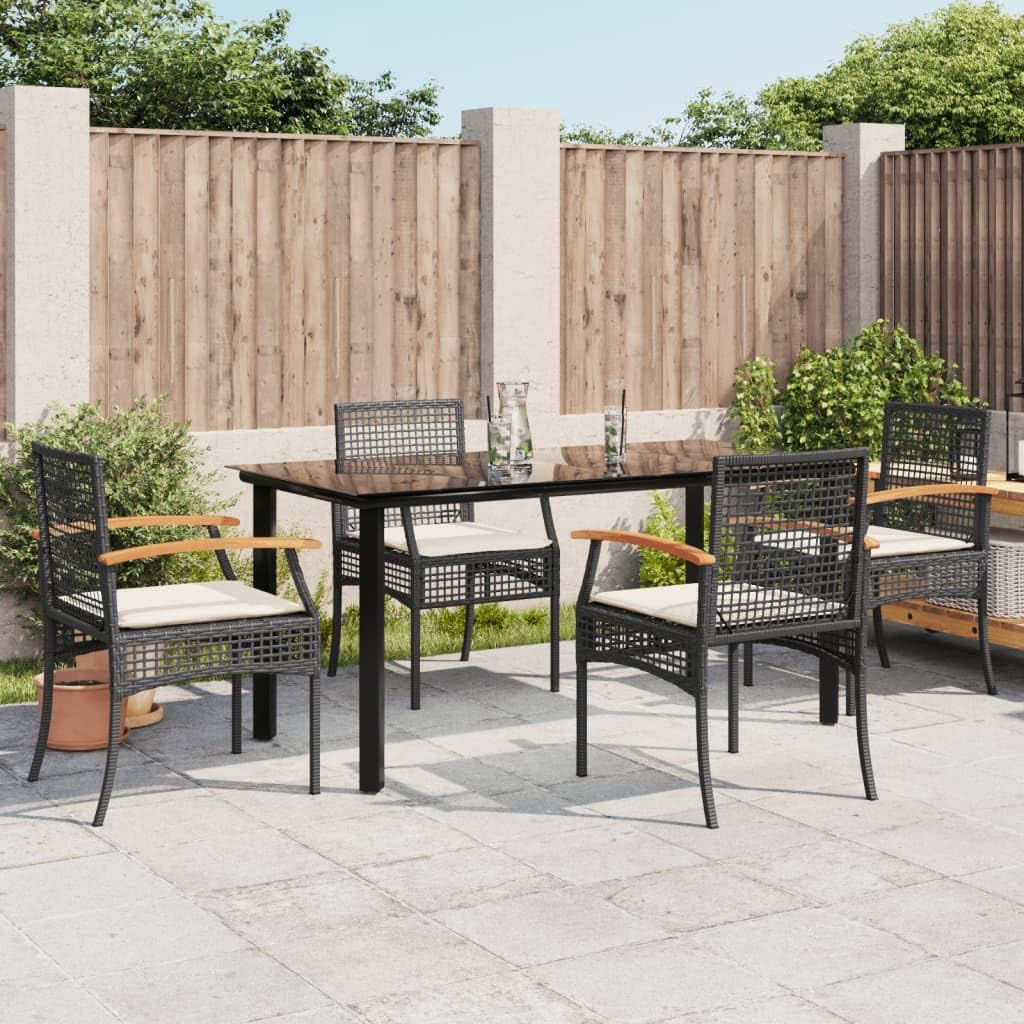 5 Piece Patio Dining Set with Cushions Black Poly Rattan,Outdoor Garden Dining Set with Comfortable PE Rattan Chairs and Tempered Glass Table for Patio, Backyard and Garden Patio Furniture Sets, Outdo