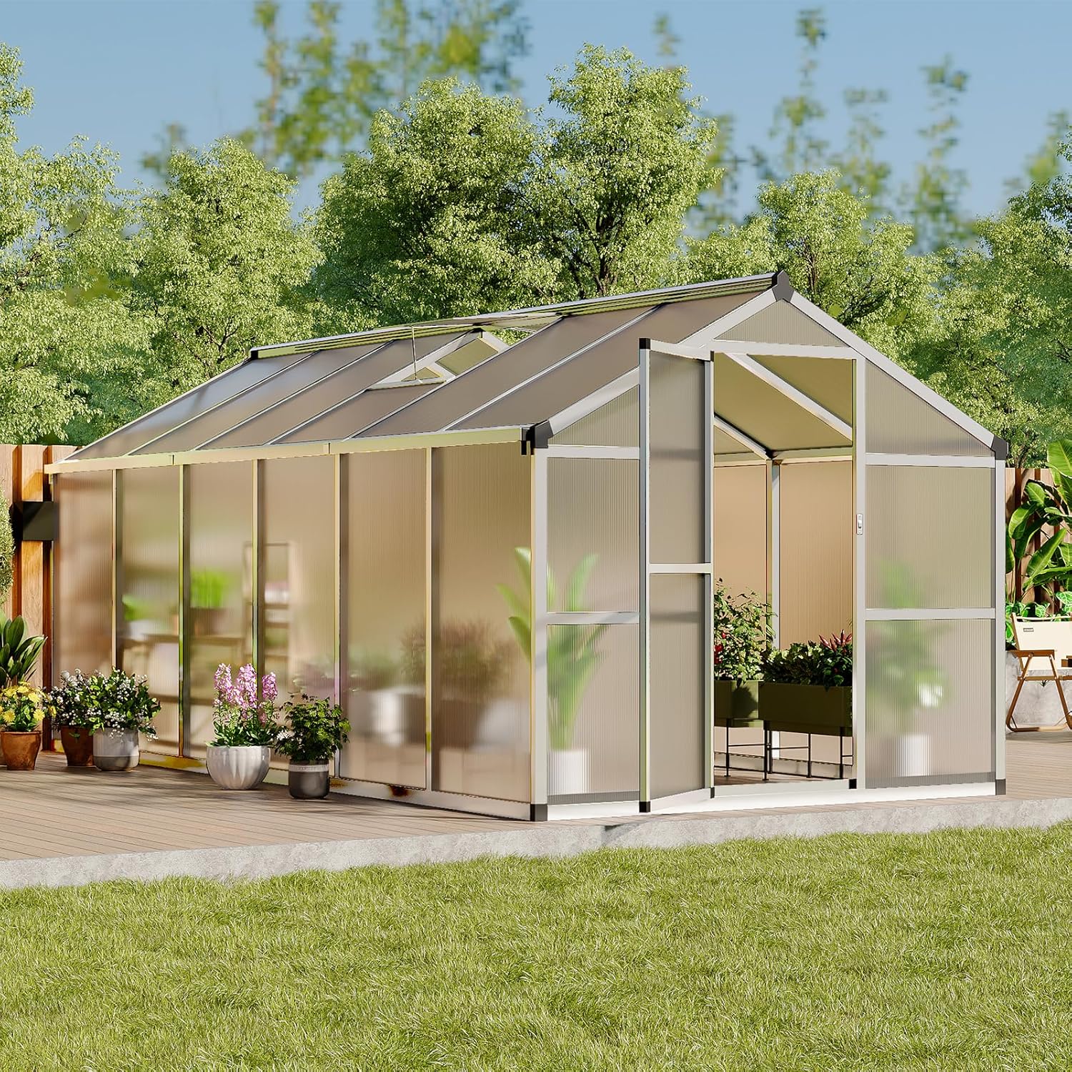 8X12FT Outdoor Greenhouse, Aluminum Polycarbonate Green House, Green Houses for Outside with Sliding Doors, Ajustable Roof Vent, Withstands Bad Weather for Garden, or Backyard, Silver