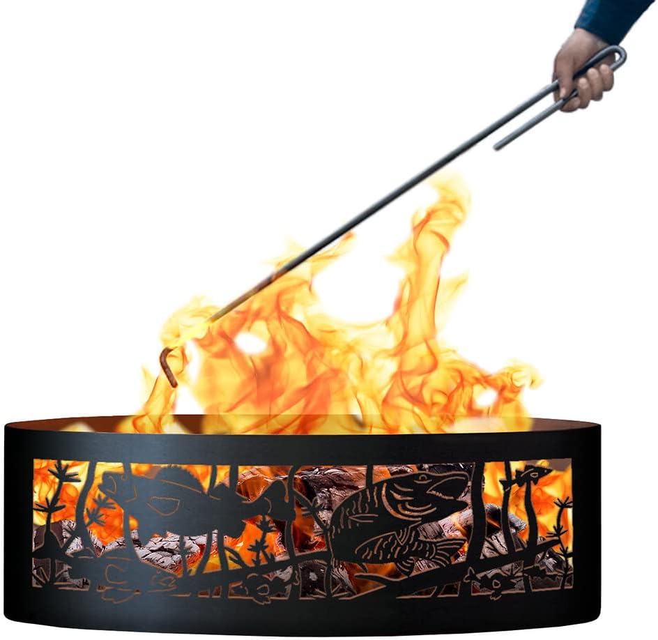 PD Metals FH01248-FP Fishing Hole Unpainted 12 in. Tall 48 in. Diameter Outdoor Fire Ring with Fire Poker - 48 x 48 x 12 in. - Rustic Black Color