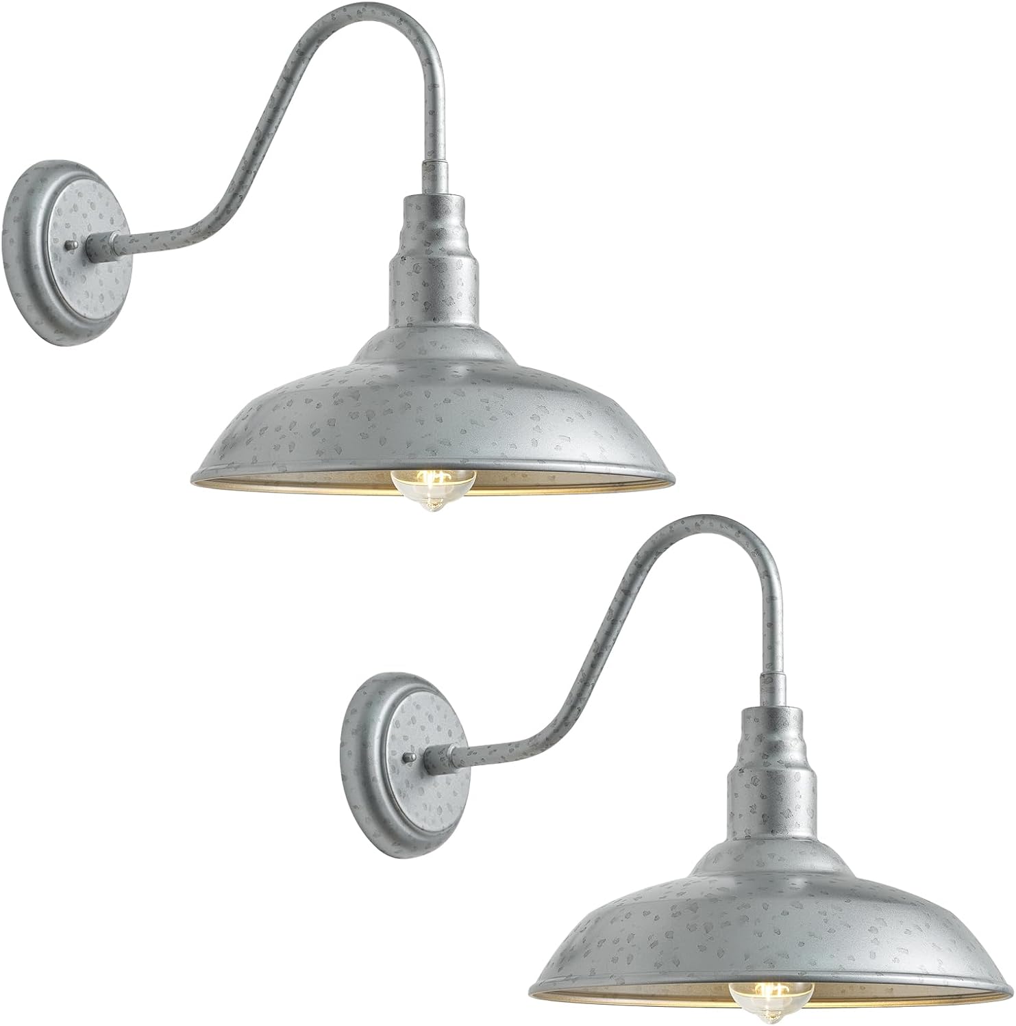 10in. Dome Outdoor Gooseneck Barn Light, 2 Pack Galvanized Steel Exterior Gooseneck Lighting Fixture with Wall Mount Farmhouse Style Outside Barn Door Wall Sconce, Waterproof, LM2201-SV-2P