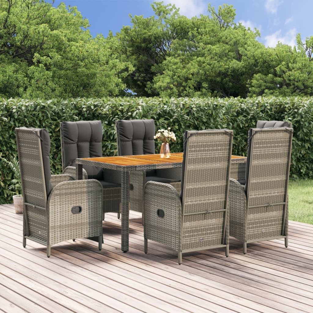 7 Piece Patio Dining Set with Cushions Gray Poly Rattan,Elegant Patio Dining Set with Reclining Chairs and Solid Acacia Wood Tabletop Patio Furniture Sets, Outdoor Furniture Sets