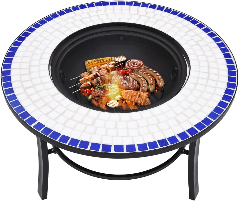 Ceramic Burning BBQ Grill, Outdoor Wood Burning Grill for Camping Picnic Campfire Patio Backyard Garden Beach Park,Mosaic Fire Pit Blue and White 26.8