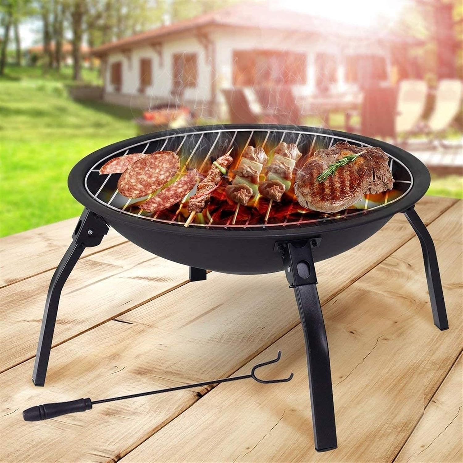 Folding Cast Iron Fire Bowl Grill Firepit Brazier Garden Log Burner Heater Camping Picnic with Mesh Cover Round Fire Bowl