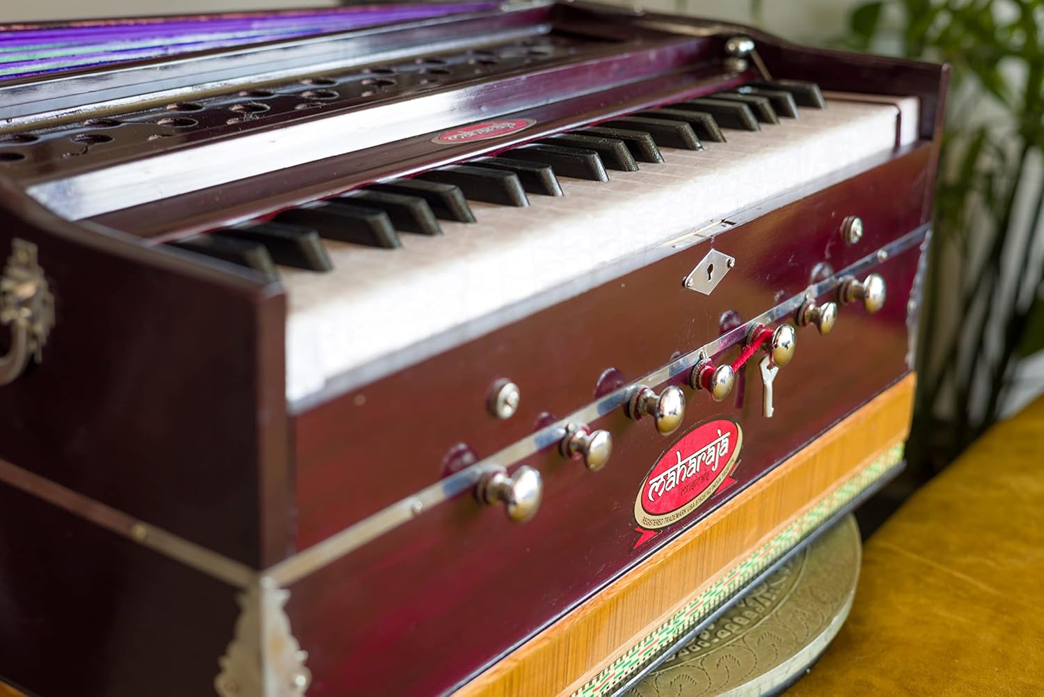Harmonium #1, Maharaja Musicals, Handmade Harmonium, 3 1/4 Octave (Saptak), 7 Stop, Standing, Coupler, Multi Bellow, Padded Bag, Tuned A440, Dark Mahogany Color, PDI-DB