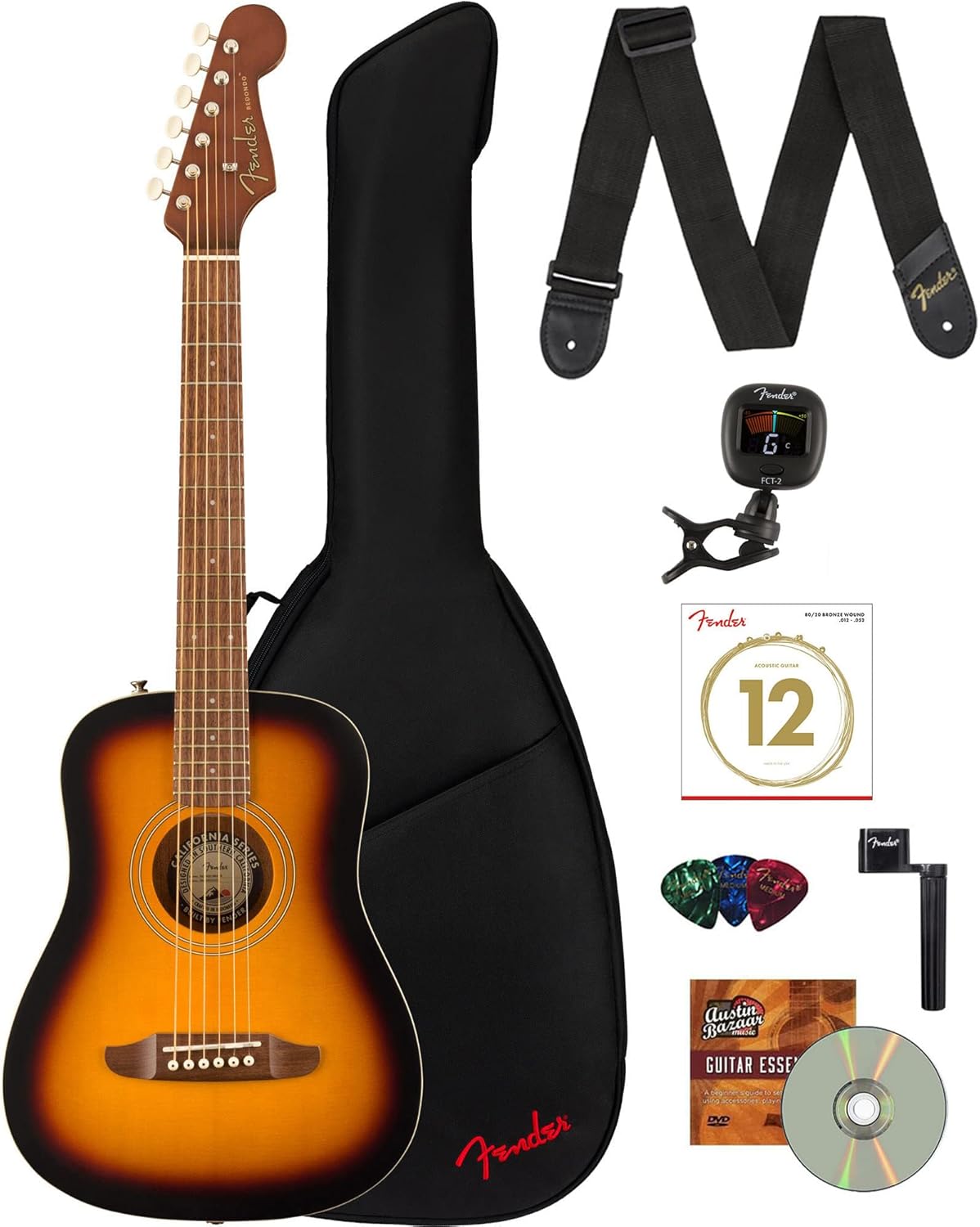 Fender Redondo Mini Acoustic Guitar Bundle with Gig Bag, Strap, Clip-on Tuner, Strings, String Winder, Picks, and Austin Bazaar Instructional DVD - Sunburst