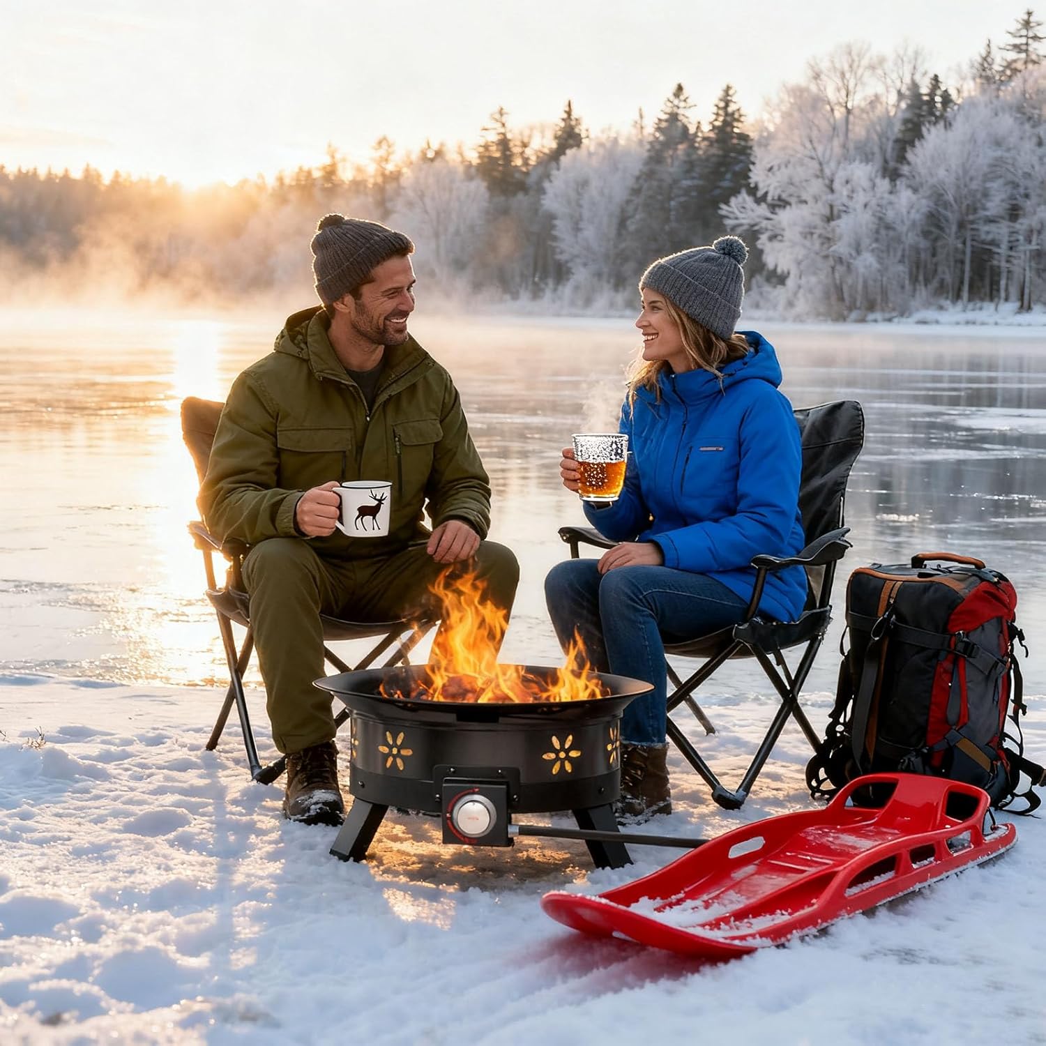 AMADA HOMEFURNISHING 19″ Propane Fire Pit with Grill Grate, 58,000 BTU, Folding Legs, Propane Tank Holder, Cover, and Carry Strap, No Ignition Needed, Easy Flame Adjustment, Portable